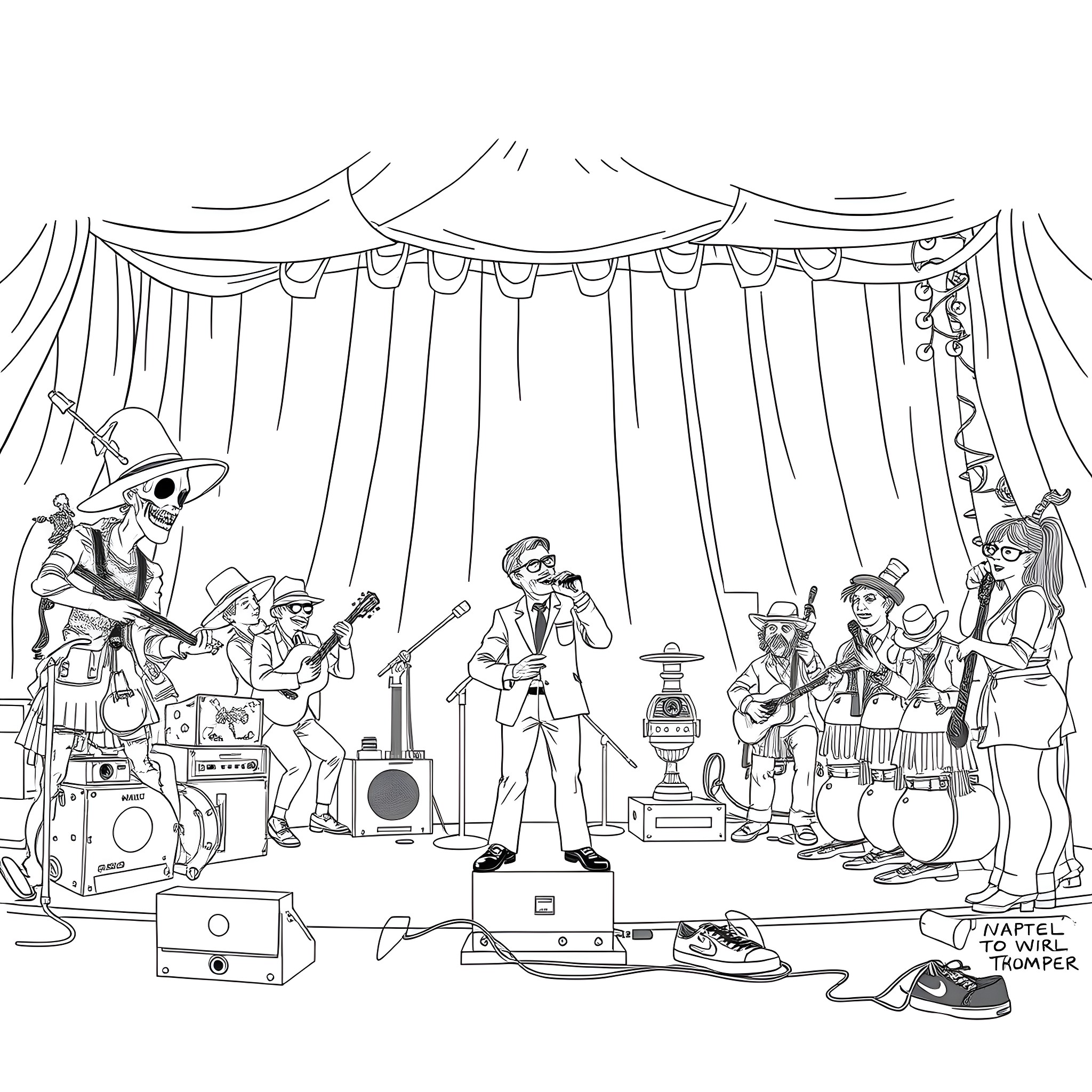 Hunter S. Thompson's Psychedelic Circus Performance Coloring Page (free black-and-white line drawing printable PDF for all, from beginners to advanced learners, including children, teens, adults, and seniors)