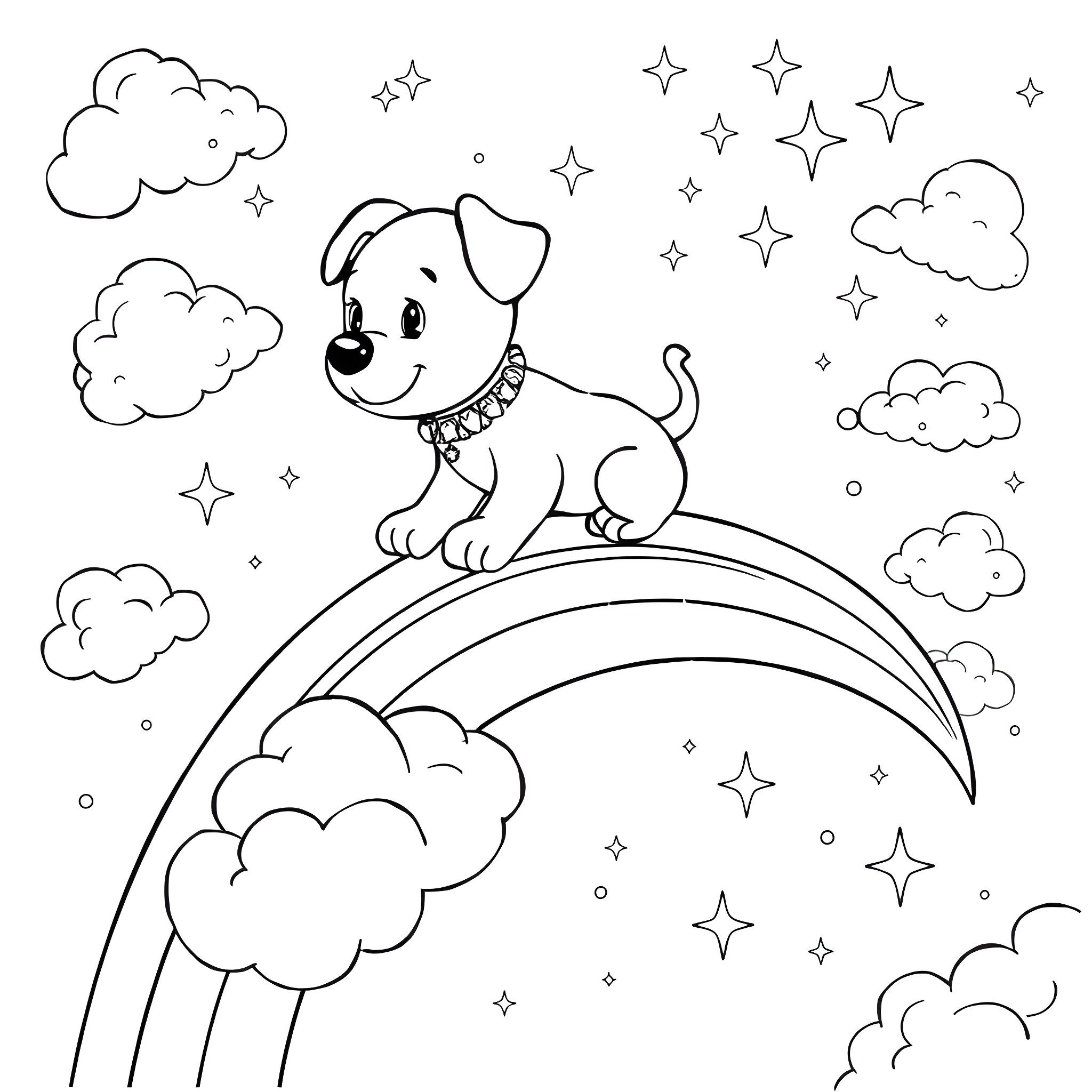 Puppy playing on rainbow with stars Coloring Page (free black-and-white line drawing printable PDF for all, from beginners to advanced learners, including children, teens, adults, and seniors)