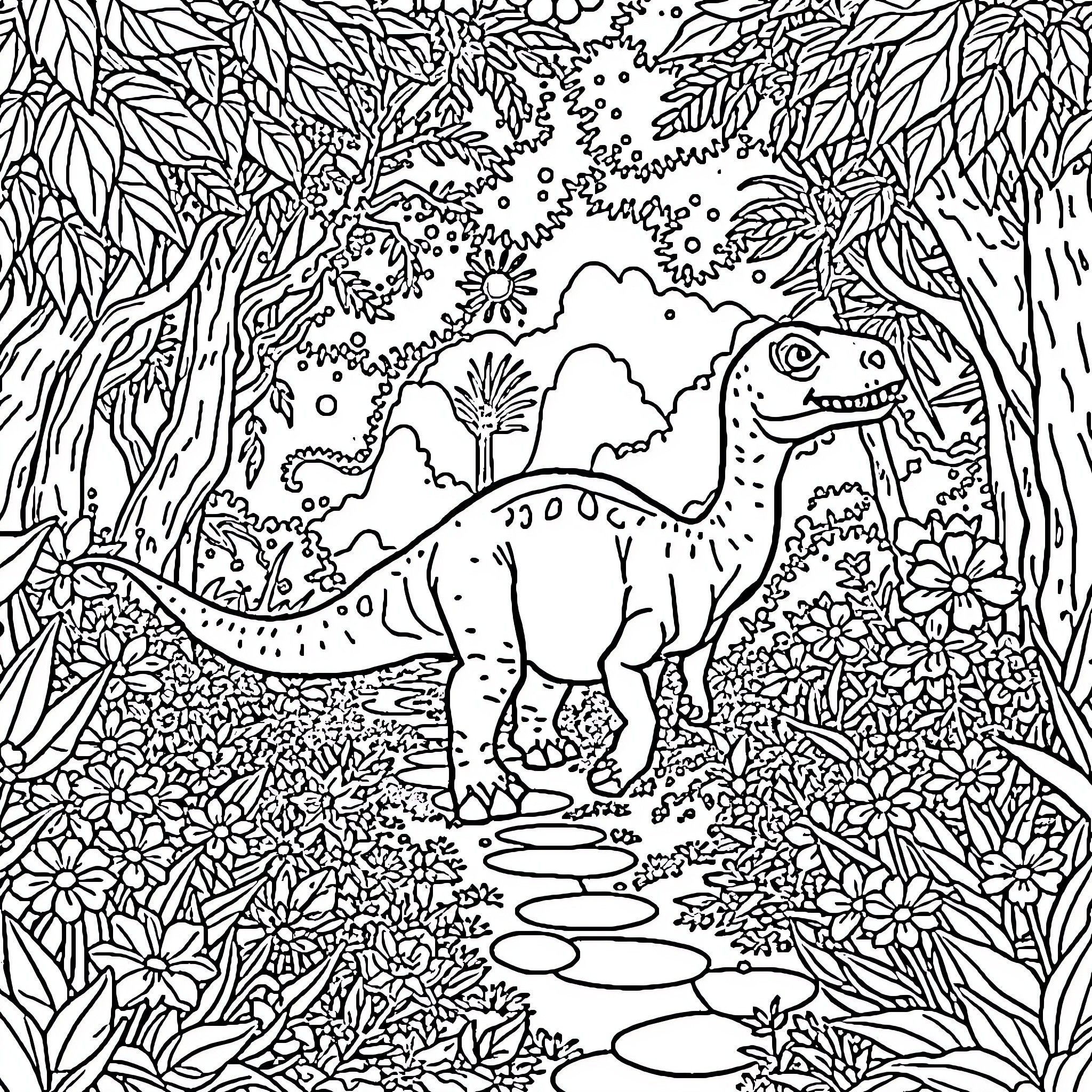 Dinosaur exploring lush jungle scenery Coloring Page (free black-and-white line drawing printable PDF for all, from beginners to advanced learners, including children, teens, adults, and seniors)
