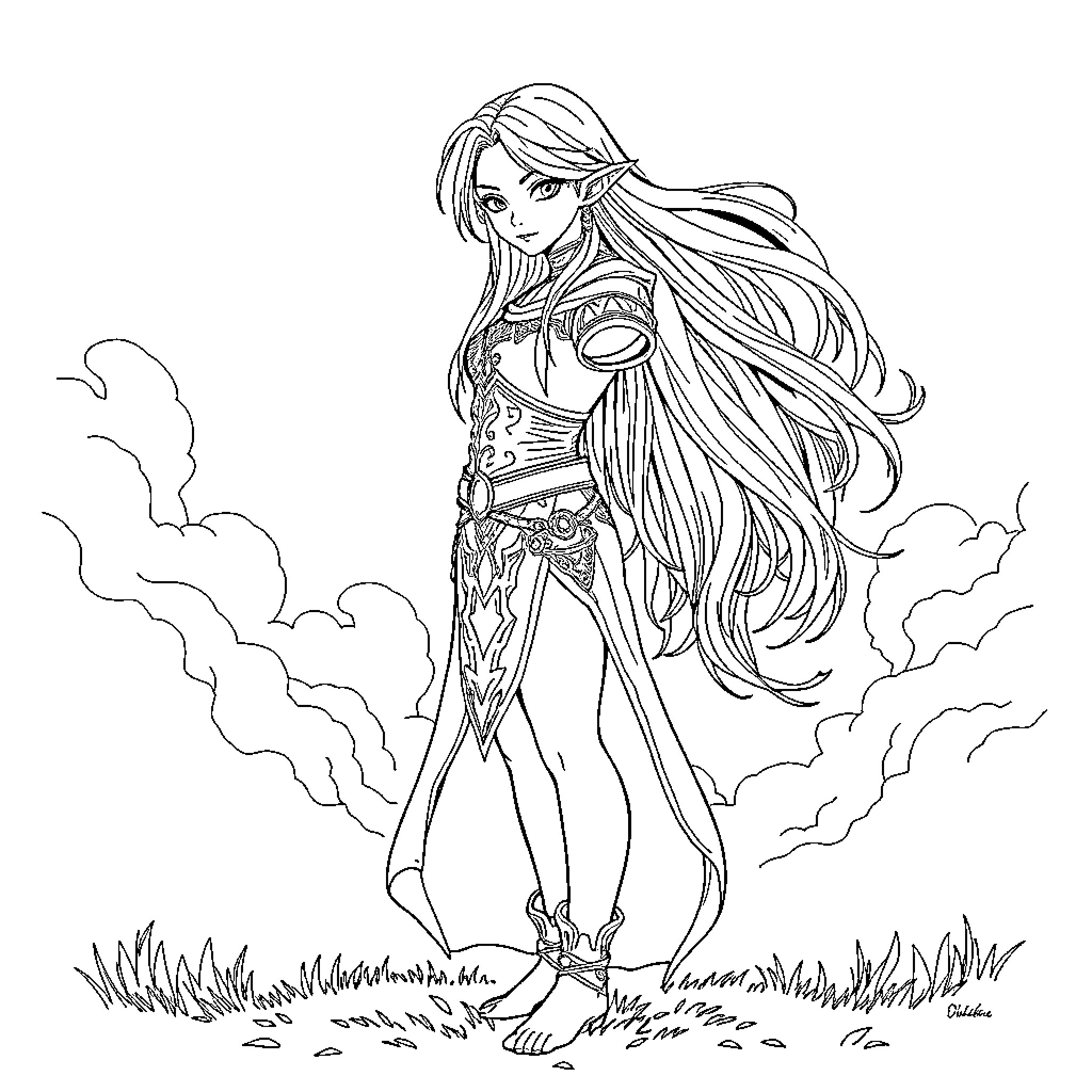 Zelda in the Mystical Forest Coloring Page (free black-and-white line drawing printable PDF for all, from beginners to advanced learners, including children, teens, adults, and seniors)