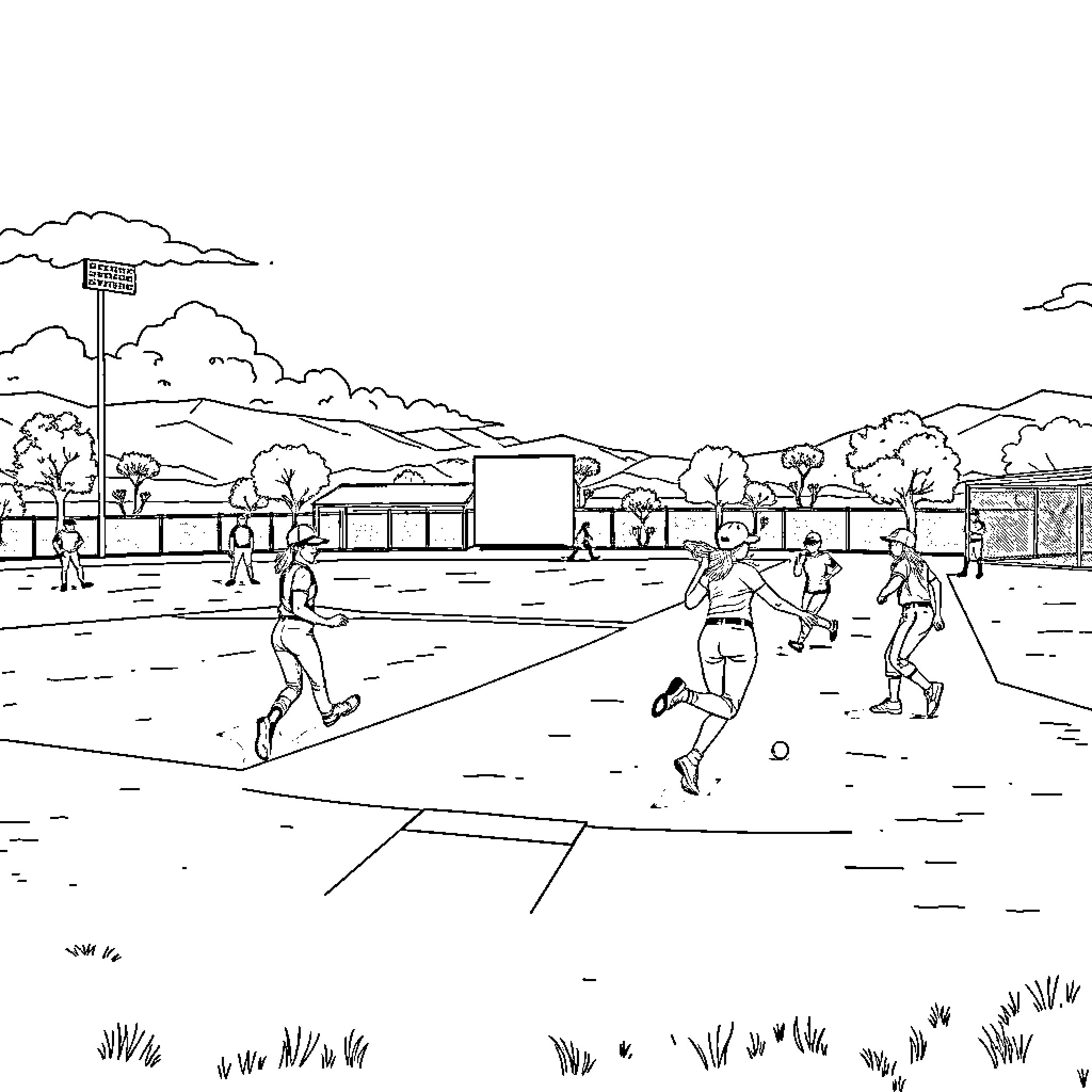 Softball players on the field in action Coloring Page (free black-and-white line drawing printable PDF for all, from beginners to advanced learners, including children, teens, adults, and seniors)