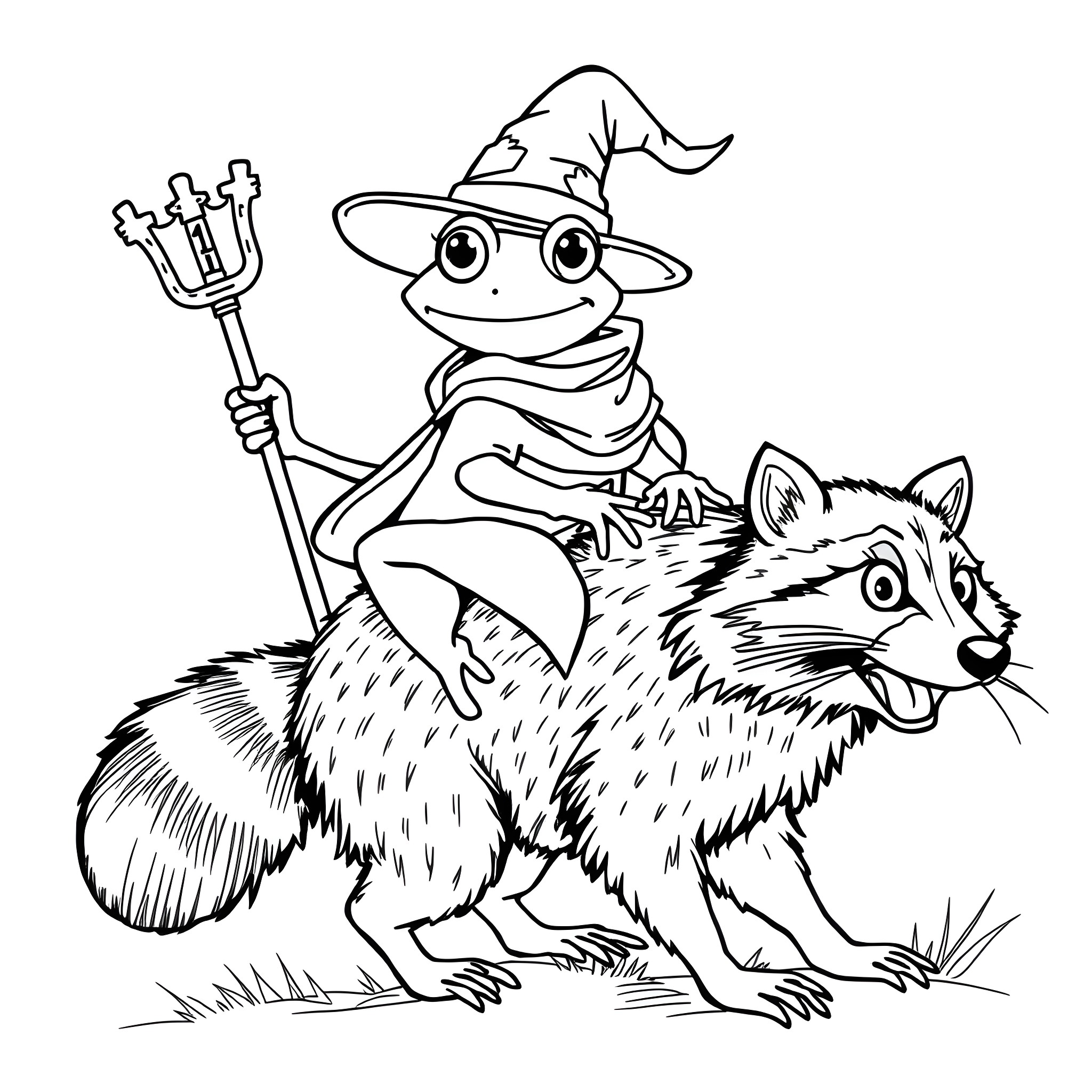 Wizard riding a wolf with a trident Coloring Page (free black-and-white line drawing printable PDF for all, from beginners to advanced learners, including children, teens, adults, and seniors)