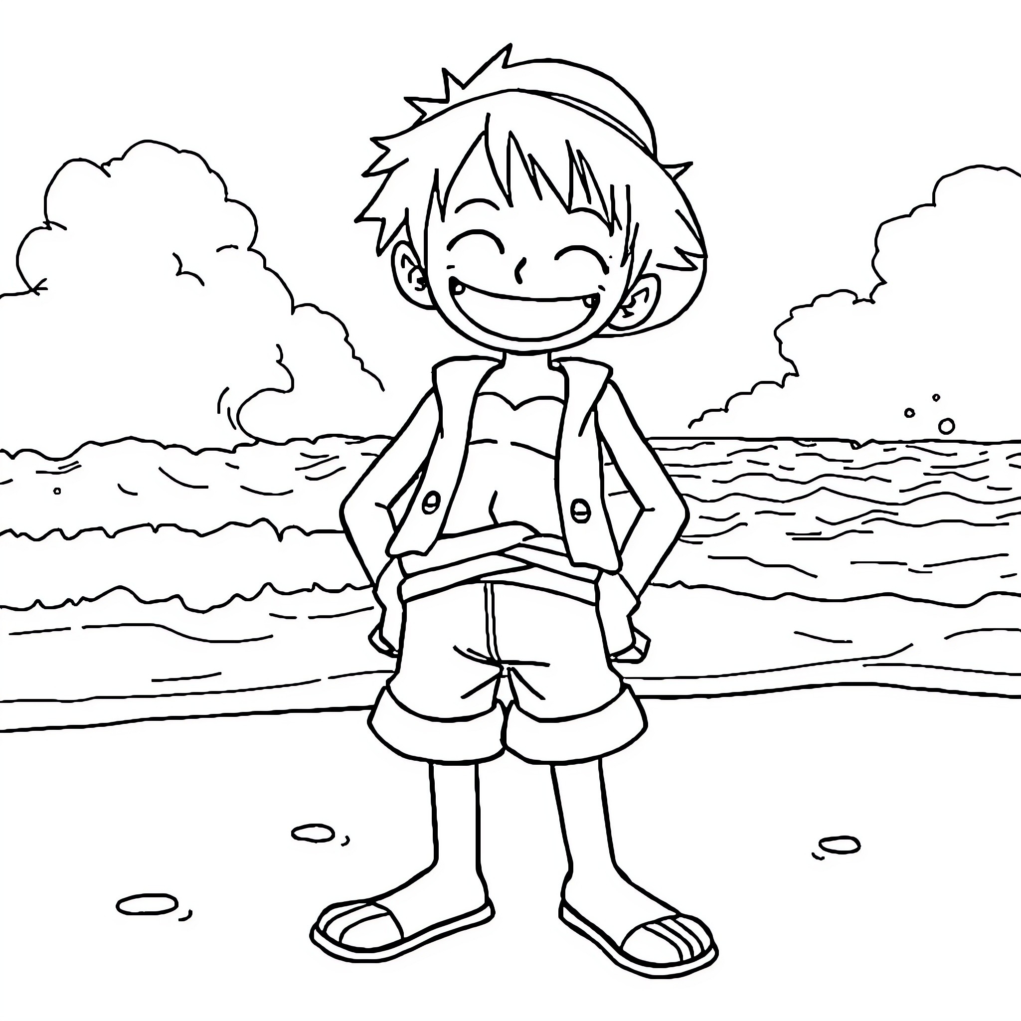 Luffy enjoying a sunny day at the beach Coloring Page (free black-and-white line drawing printable PDF for all, from beginners to advanced learners, including children, teens, adults, and seniors)