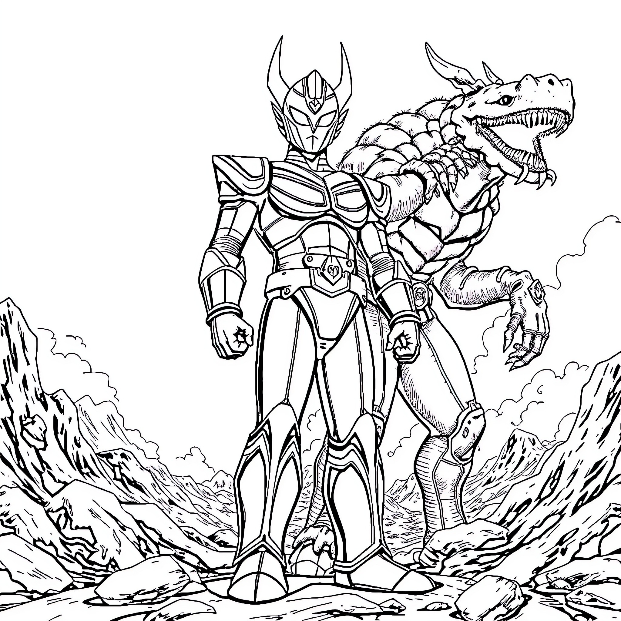 Ultramen in Action with Mighty Dragon Companion Coloring Page (free black-and-white line drawing printable PDF for all, from beginners to advanced learners, including children, teens, adults, and seniors)