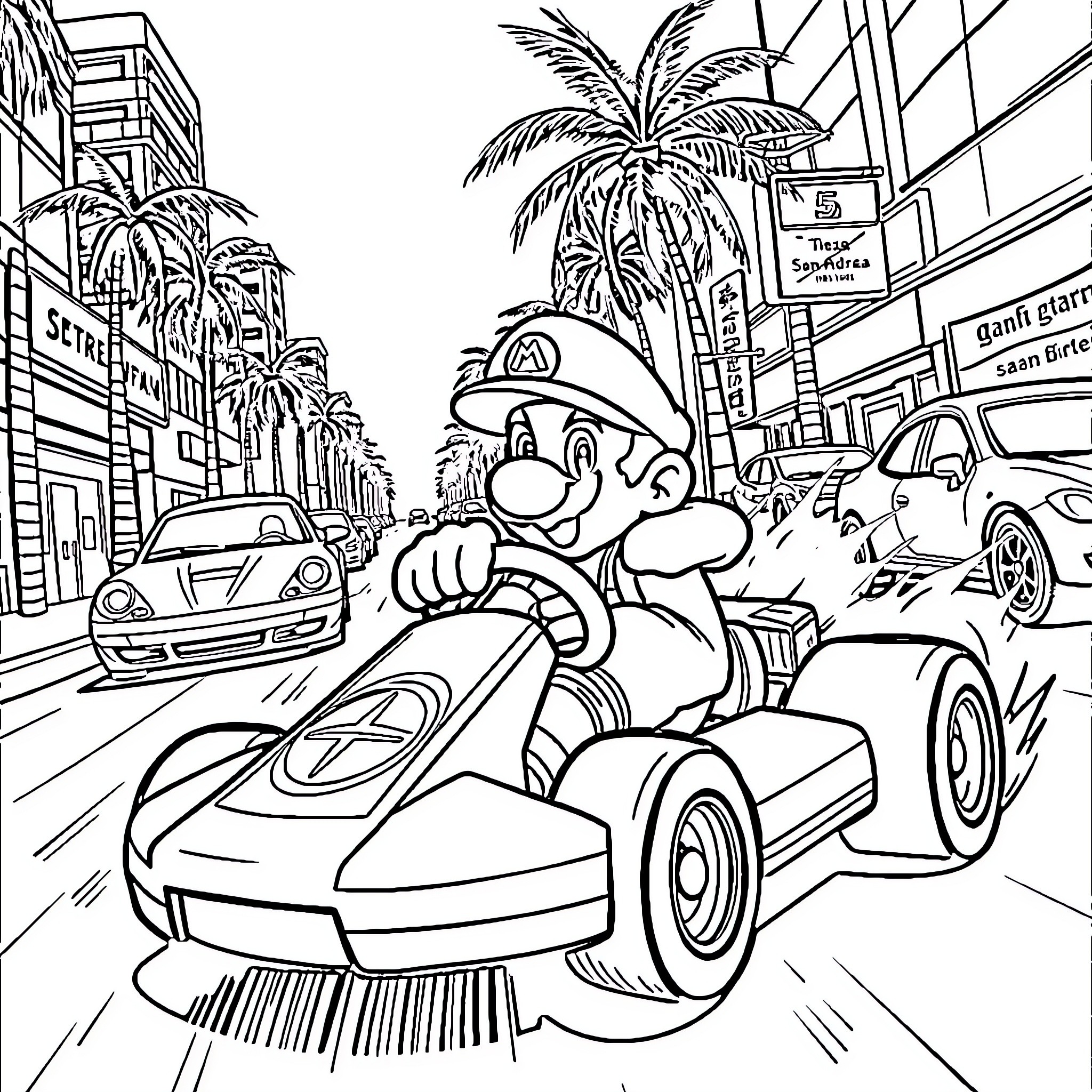 Mario's Kart Race Through the City Coloring Page (free black-and-white line drawing printable PDF for all, from beginners to advanced learners, including children, teens, adults, and seniors)