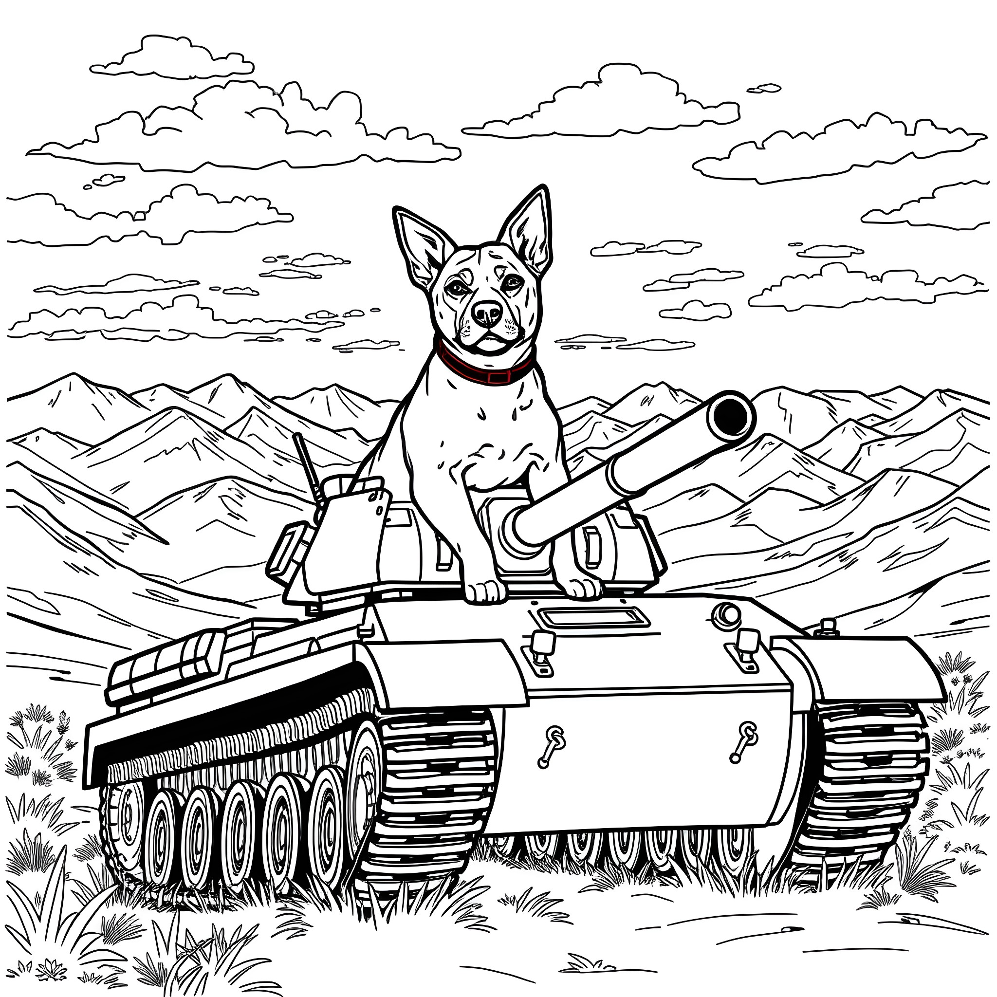 Dog Riding Tank in Mountain Landscape Coloring Page (free black-and-white line drawing printable PDF for all, from beginners to advanced learners, including children, teens, adults, and seniors)