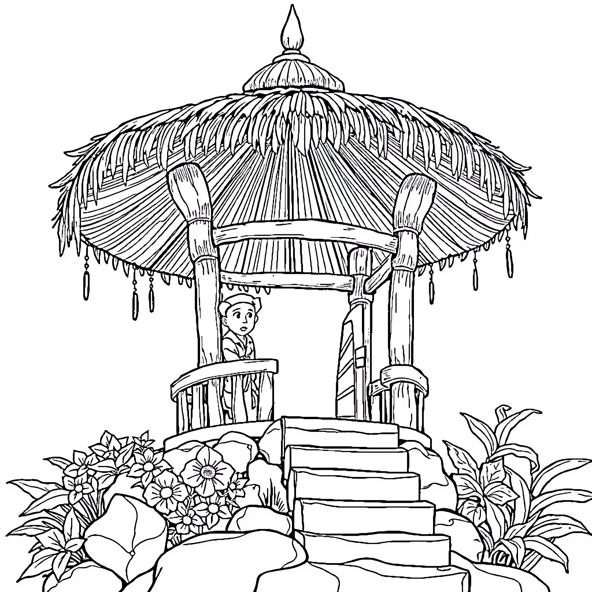 Pemuda relaxing under a traditional gazebo Coloring Page (free black-and-white line drawing printable PDF for all, from beginners to advanced learners, including children, teens, adults, and seniors)