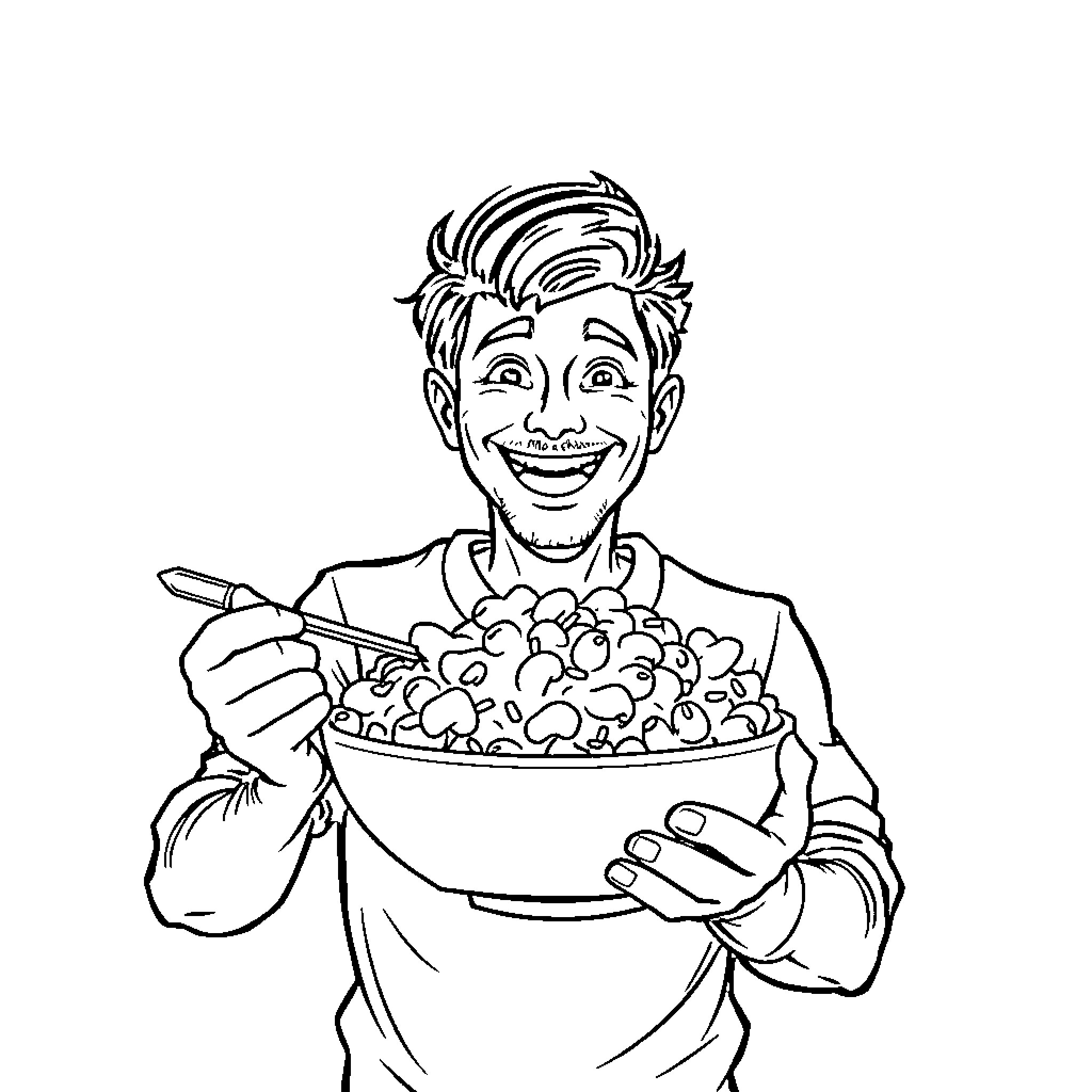 Mac n Cheese Man enjoys a hearty bowl of pasta Coloring Page (free black-and-white line drawing printable PDF for all, from beginners to advanced learners, including children, teens, adults, and seniors)