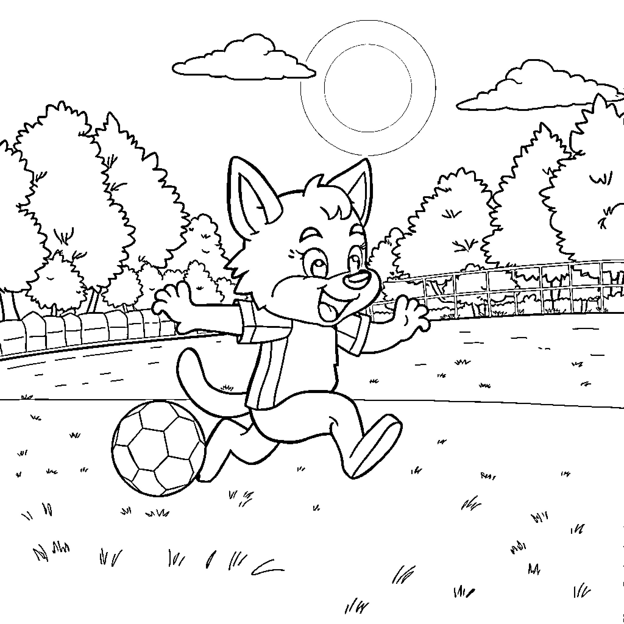Rumi playing happily with a soccer ball outdoors Coloring Page (free black-and-white line drawing printable PDF for all, from beginners to advanced learners, including children, teens, adults, and seniors)
