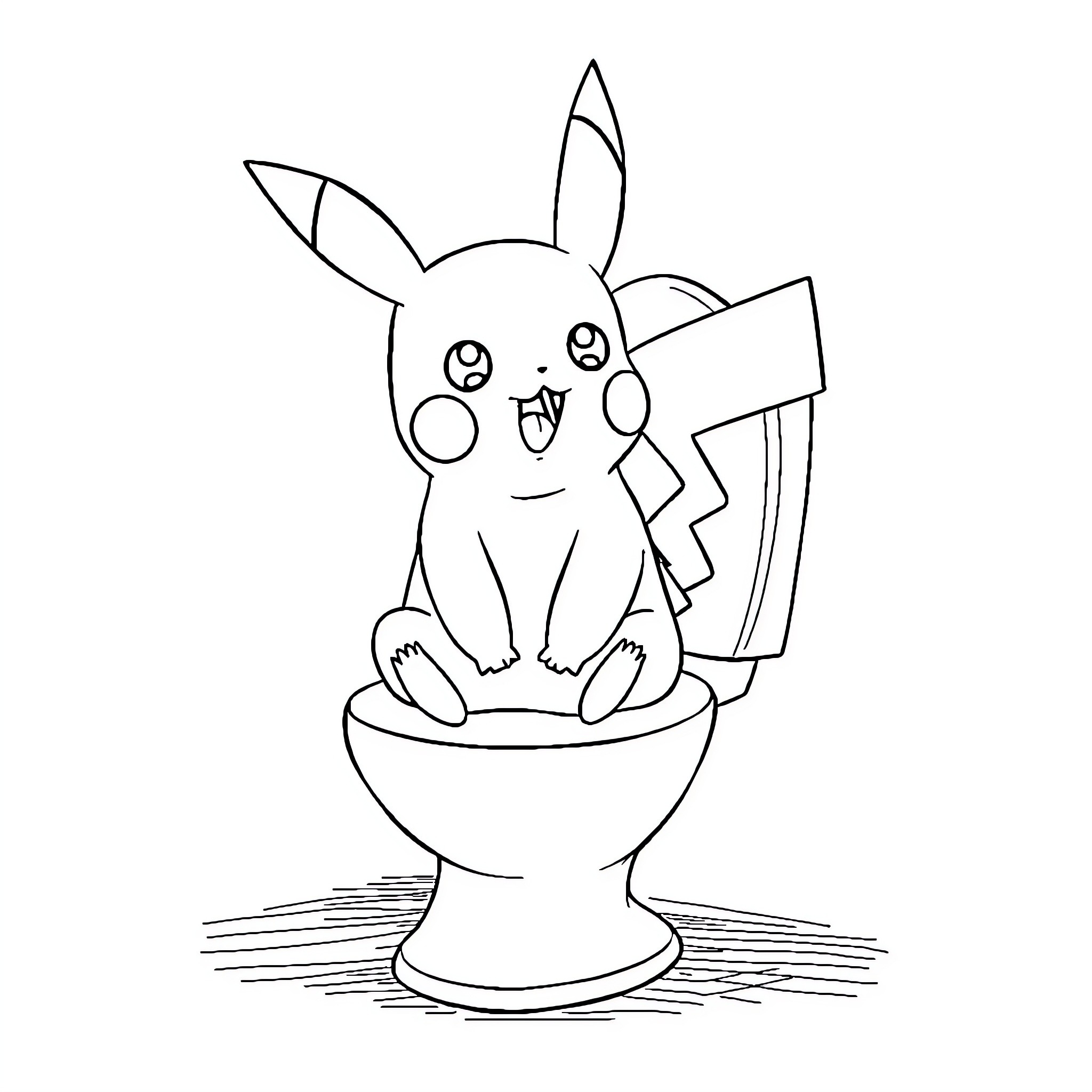 Pikachu sitting happily in a toilet Coloring Page (free black-and-white line drawing printable PDF for all, from beginners to advanced learners, including children, teens, adults, and seniors)