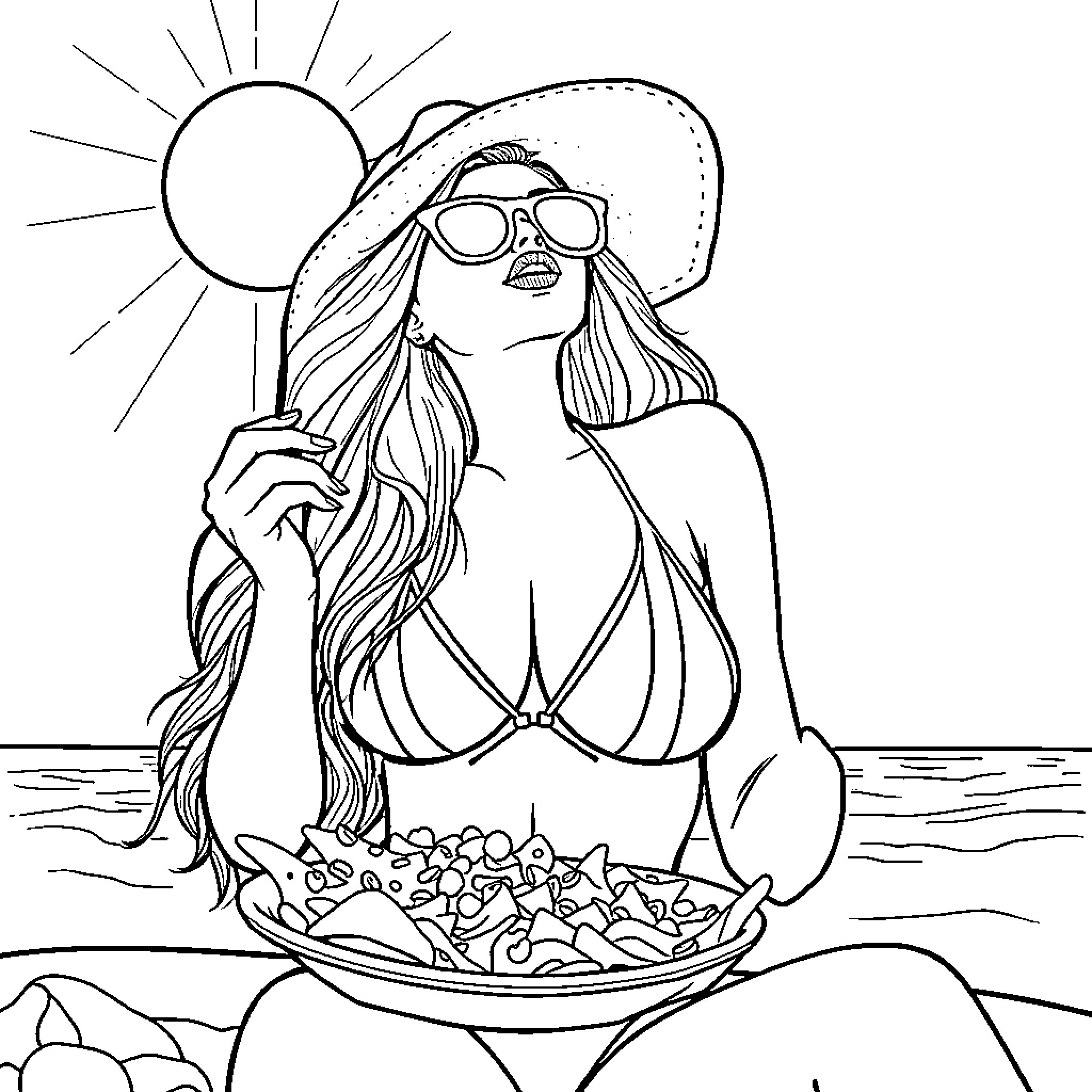 Bikini Model Relaxing on the Beach Coloring Page (free black-and-white line drawing printable PDF for all, from beginners to advanced learners, including children, teens, adults, and seniors)