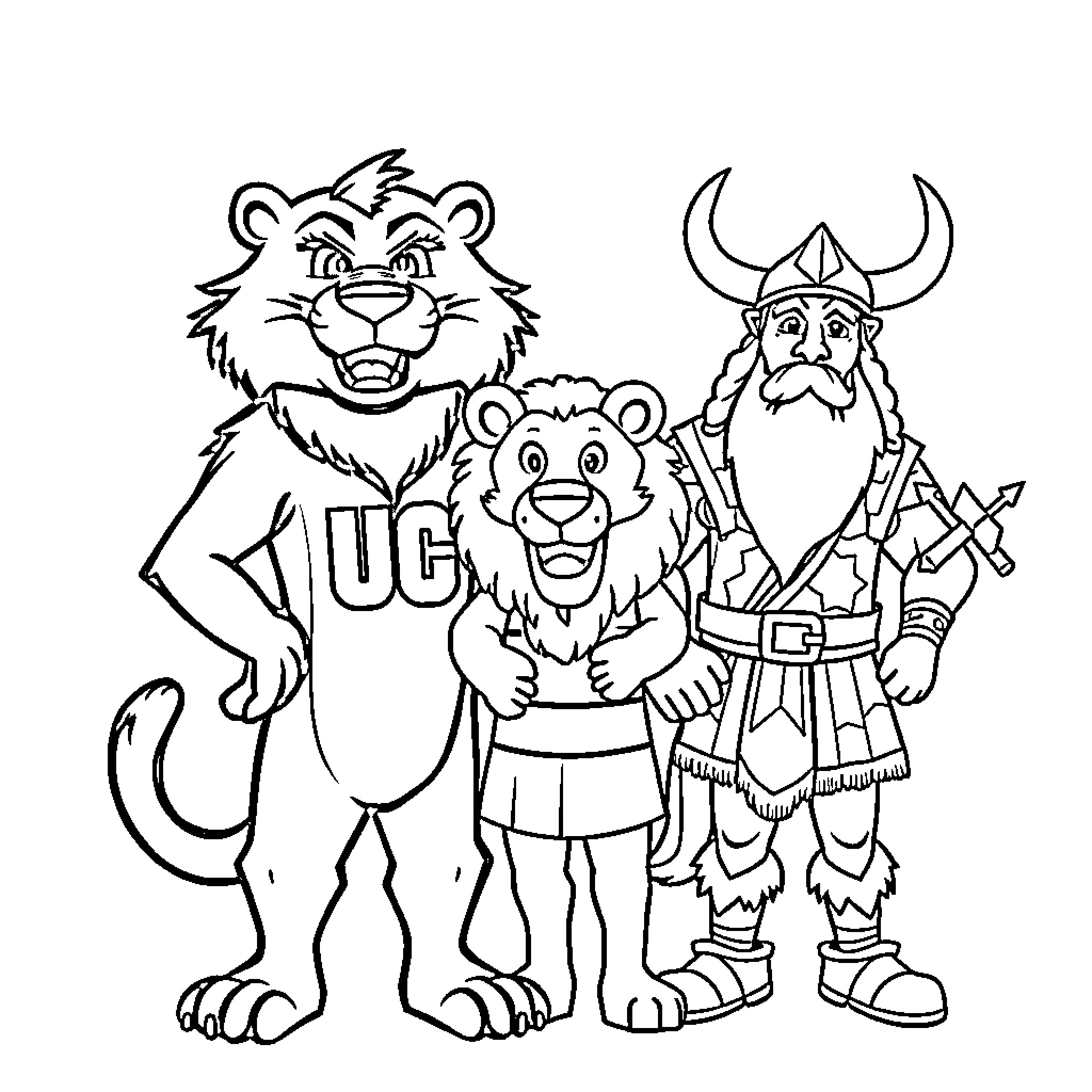 Mascot characters in various outfits and poses Coloring Page (free black-and-white line drawing printable PDF for all, from beginners to advanced learners, including children, teens, adults, and seniors)