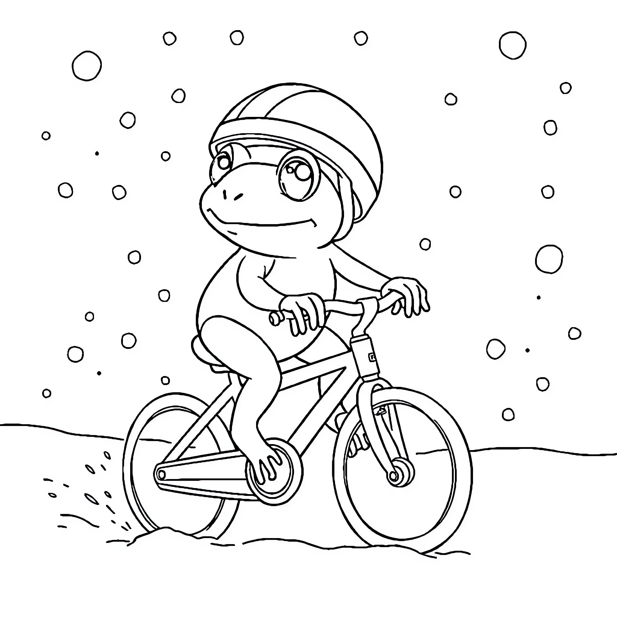 Frog riding bicycle in snowy landscape Coloring Page (free black-and-white line drawing printable PDF for all, from beginners to advanced learners, including children, teens, adults, and seniors)