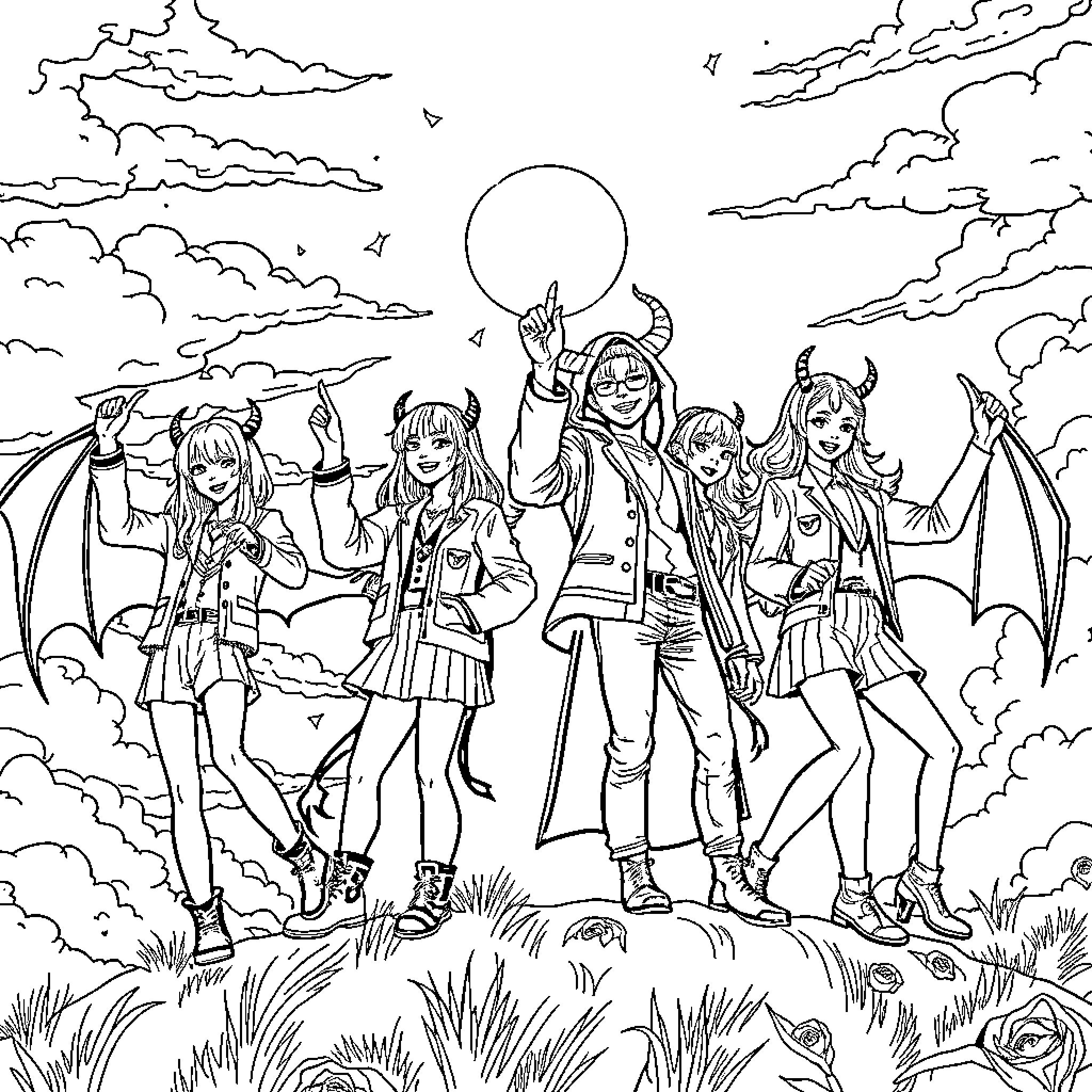 Demon Hunter Warriors Battling in the Supernatural Realm Coloring Page (free black-and-white line drawing printable PDF for all, from beginners to advanced learners, including children, teens, adults, and seniors)