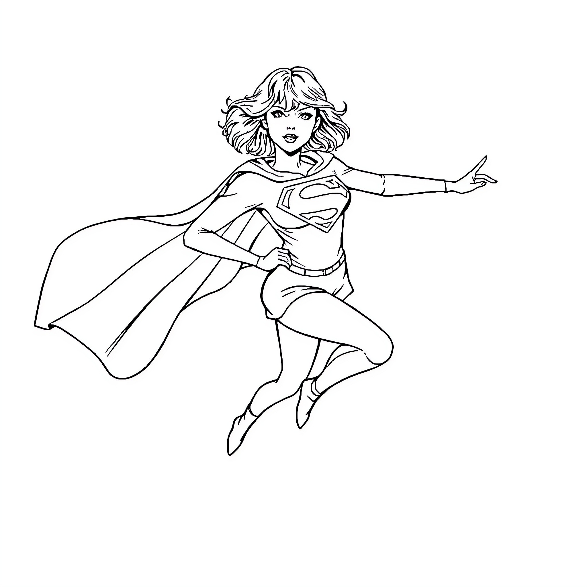 Taylor Swift as Supergirl in action pose Coloring Page (free black-and-white line drawing printable PDF for all, from beginners to advanced learners, including children, teens, adults, and seniors)
