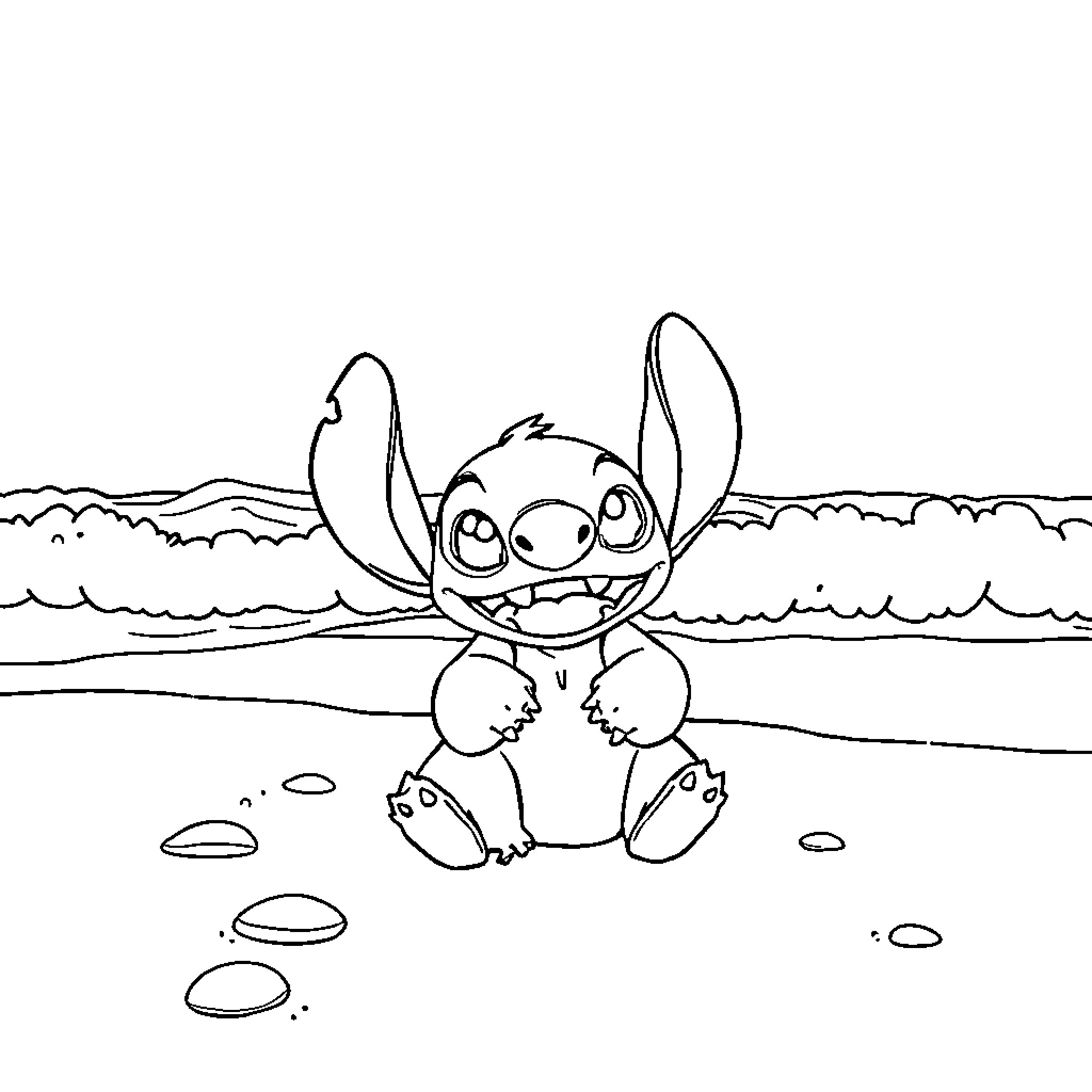 Stitch sitting happily on the beach Coloring Page (free black-and-white line drawing printable PDF for all, from beginners to advanced learners, including children, teens, adults, and seniors)