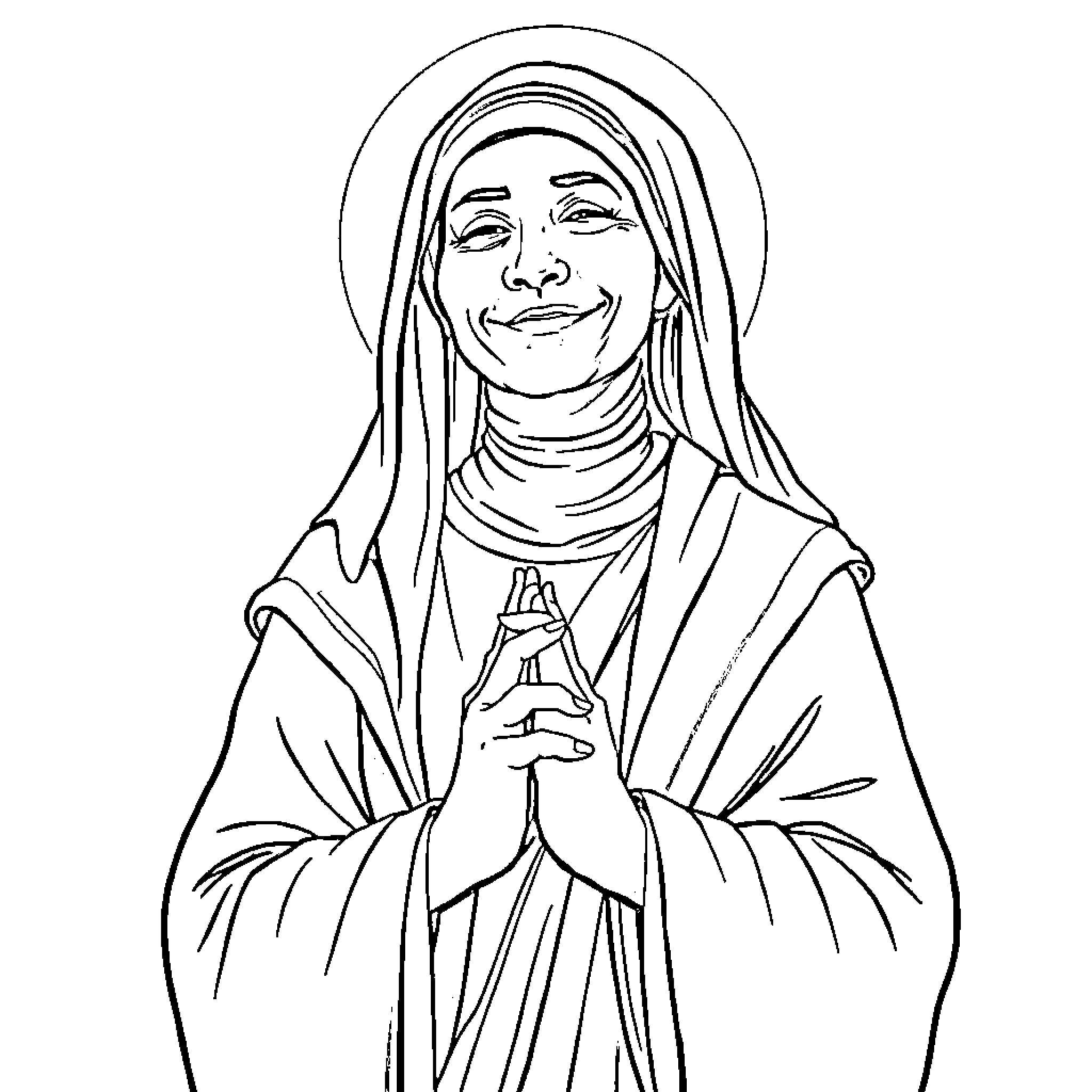 Saint Teresa praying in religious attire Coloring Page (free black-and-white line drawing printable PDF for all, from beginners to advanced learners, including children, teens, adults, and seniors)