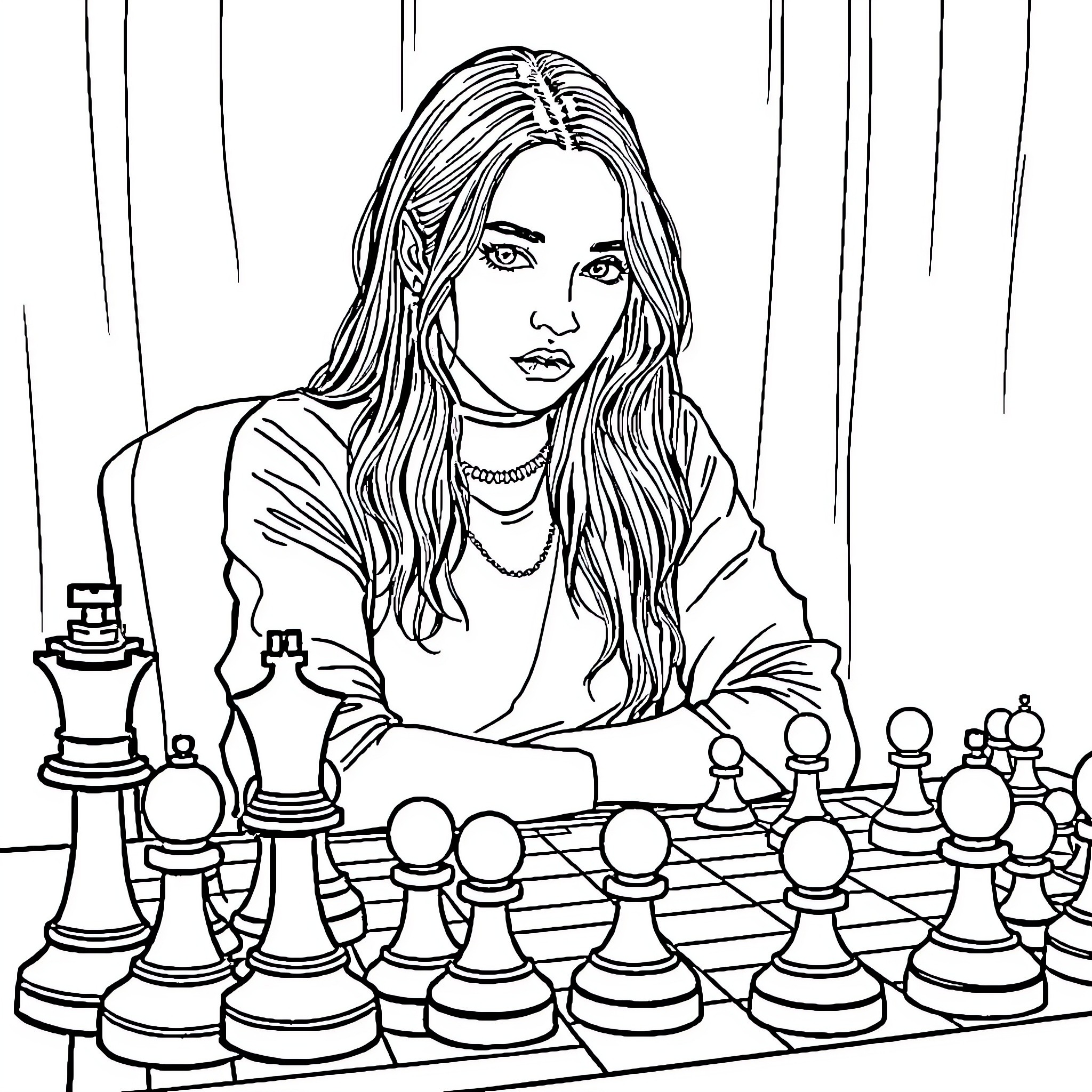 Billie Eilish playing chess with intense focus Coloring Page (free black-and-white line drawing printable PDF for all, from beginners to advanced learners, including children, teens, adults, and seniors)