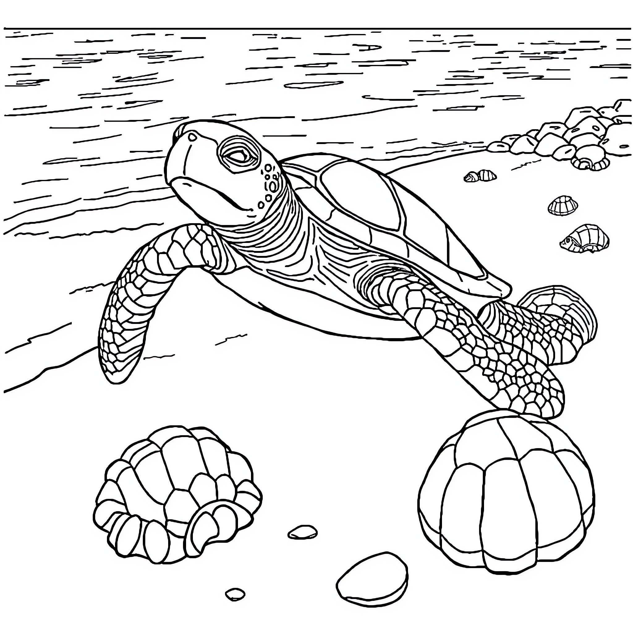 Turtle swimming through the ocean Coloring Page (free black-and-white line drawing printable PDF for all, from beginners to advanced learners, including children, teens, adults, and seniors)