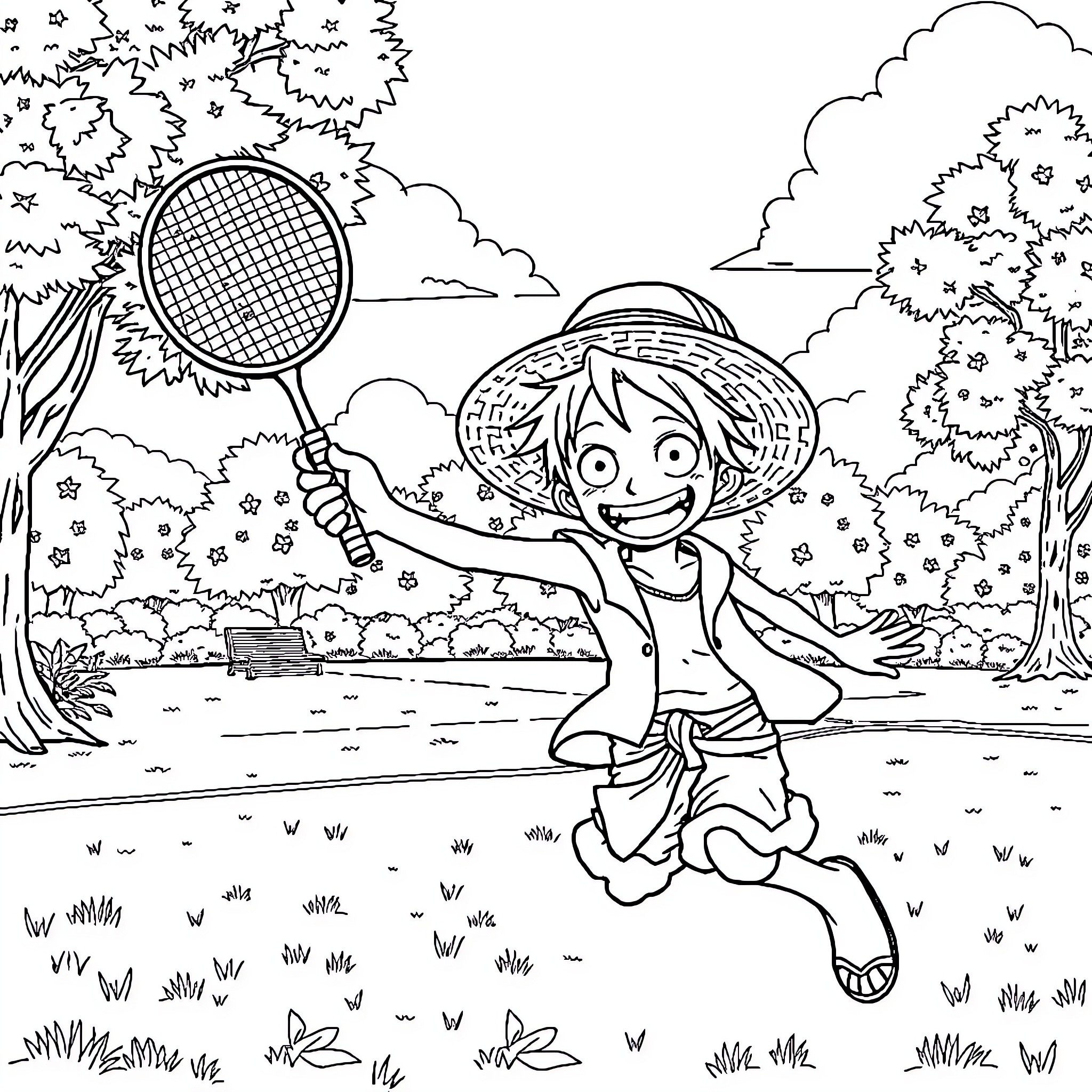 Luffy's Lively Racket Swing in the Outdoor Oasis Coloring Page (free black-and-white line drawing printable PDF for all, from beginners to advanced learners, including children, teens, adults, and seniors)
