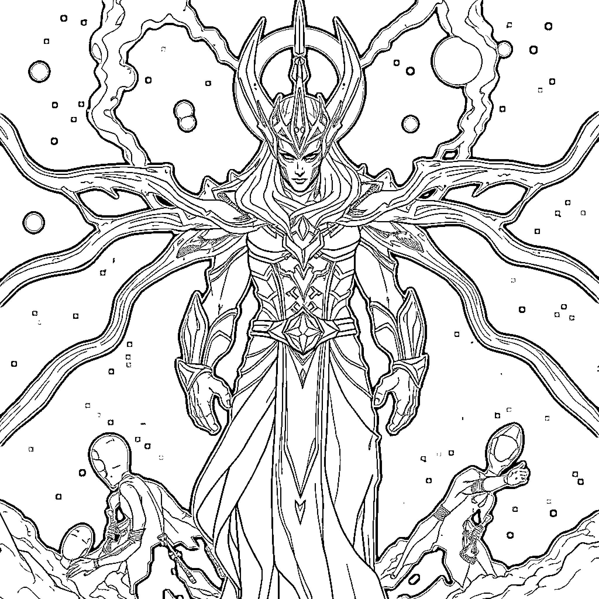 Hantrix, the Majestic Cosmic Harbinger Coloring Page (free black-and-white line drawing printable PDF for all, from beginners to advanced learners, including children, teens, adults, and seniors)