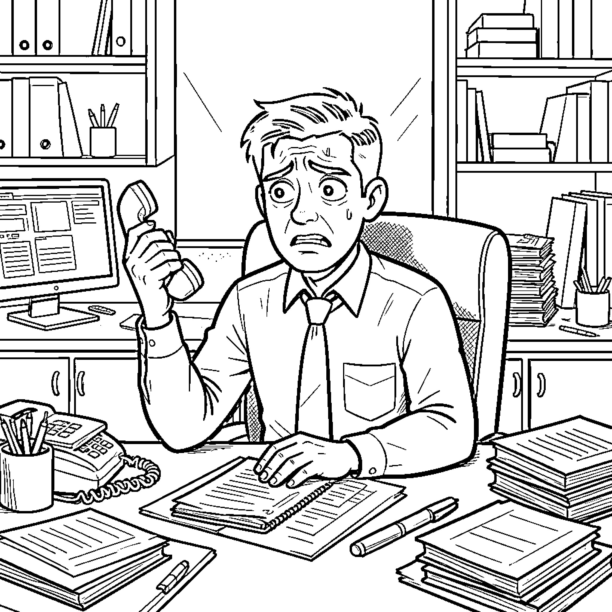 Phone Salesman looking stressed while working at a desk Coloring Page (free black-and-white line drawing printable PDF for all, from beginners to advanced learners, including children, teens, adults, and seniors)