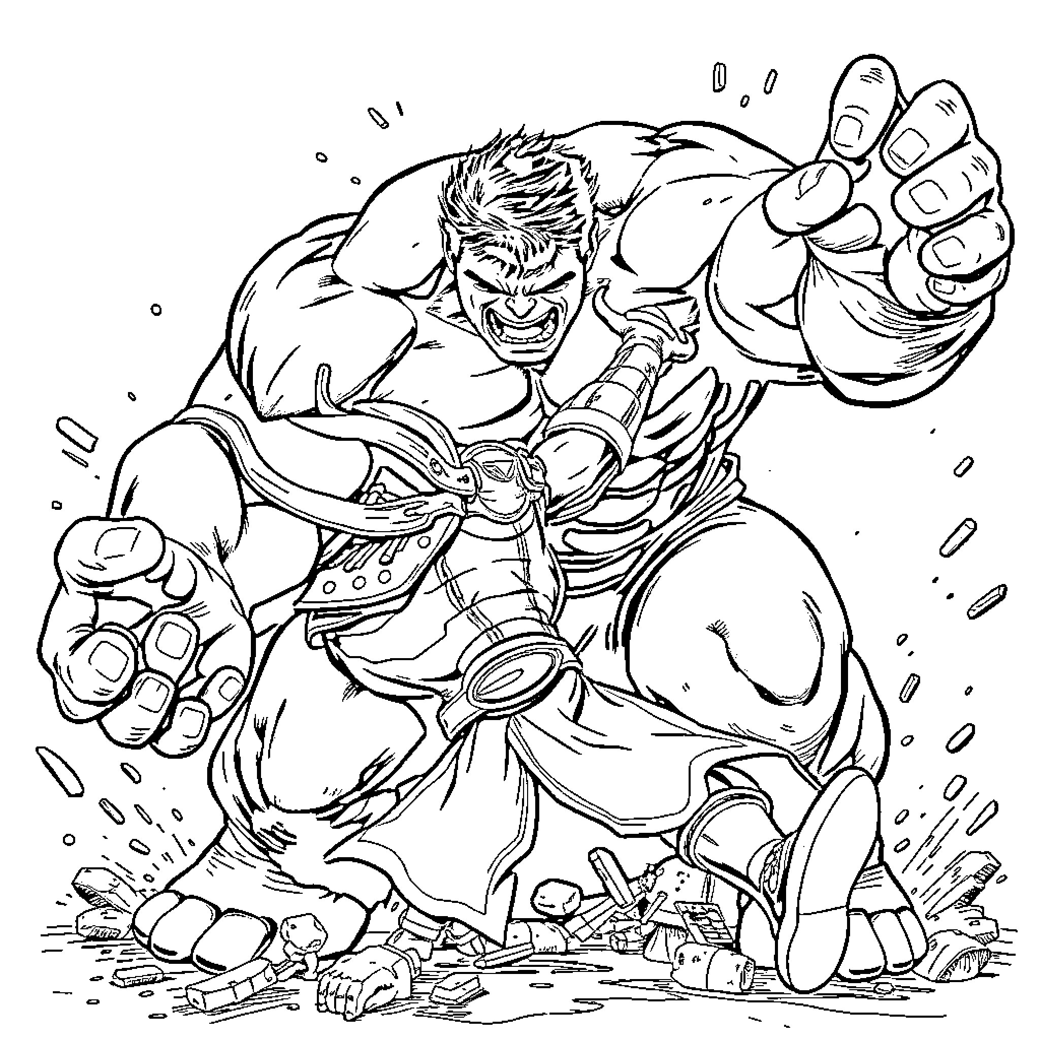 Hulk destroying surroundings in rage Coloring Page (free black-and-white line drawing printable PDF for all, from beginners to advanced learners, including children, teens, adults, and seniors)