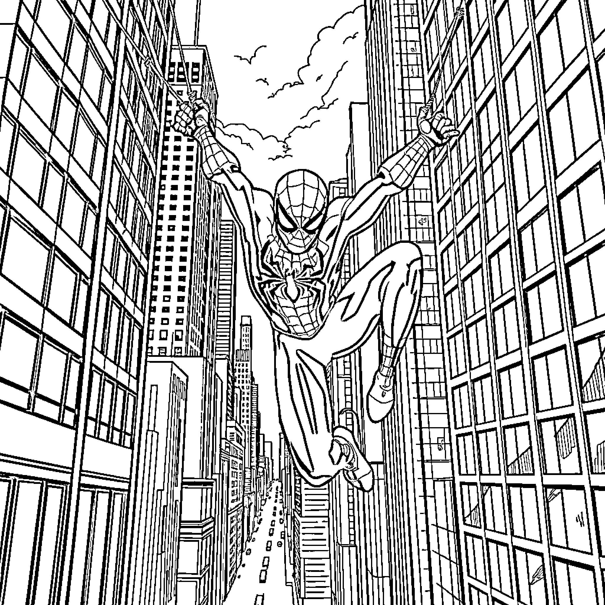 Spiderman swinging through the city skyline Coloring Page (free black-and-white line drawing printable PDF for all, from beginners to advanced learners, including children, teens, adults, and seniors)