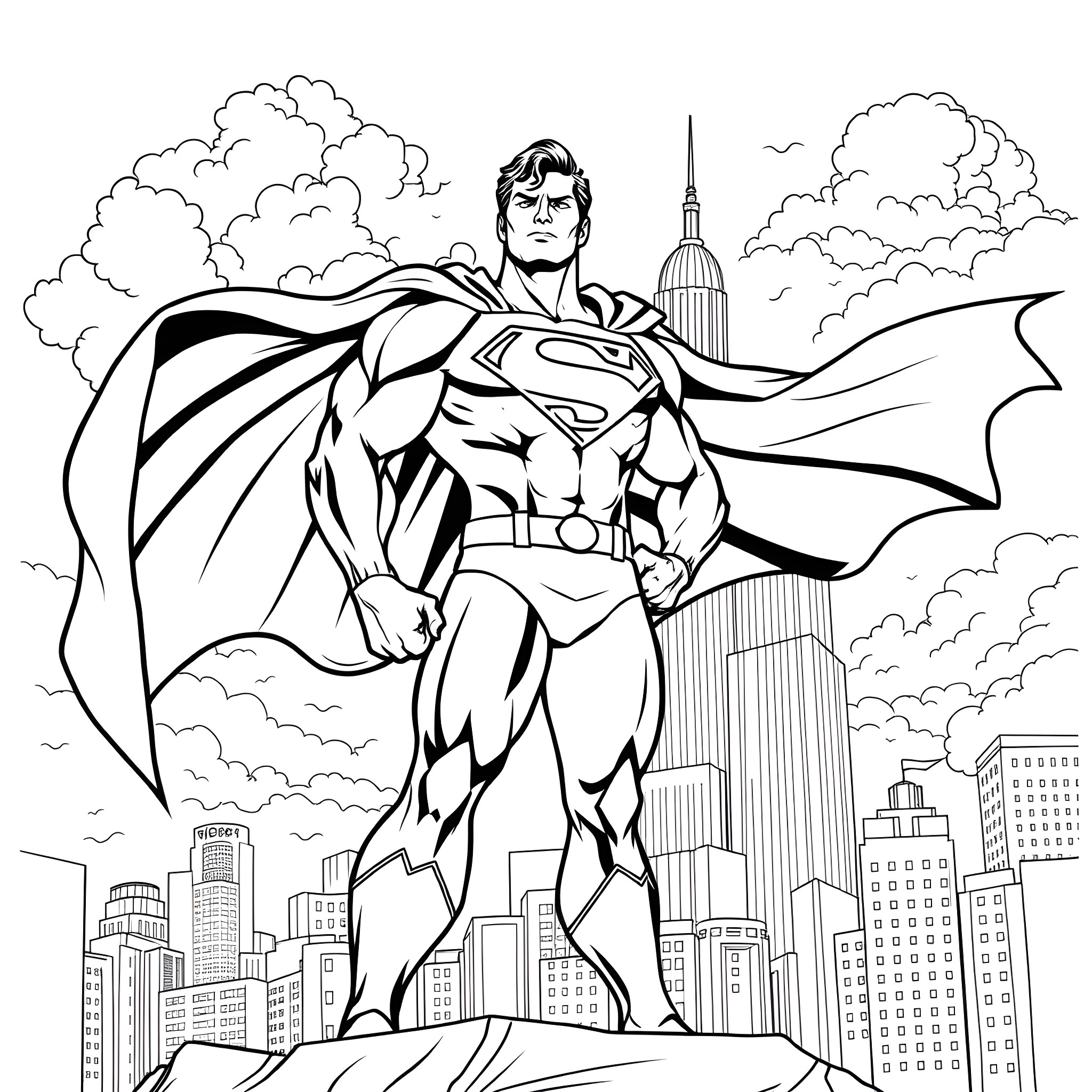 Superman heroically stands over the city skyline Coloring Page (free black-and-white line drawing printable PDF for all, from beginners to advanced learners, including children, teens, adults, and seniors)