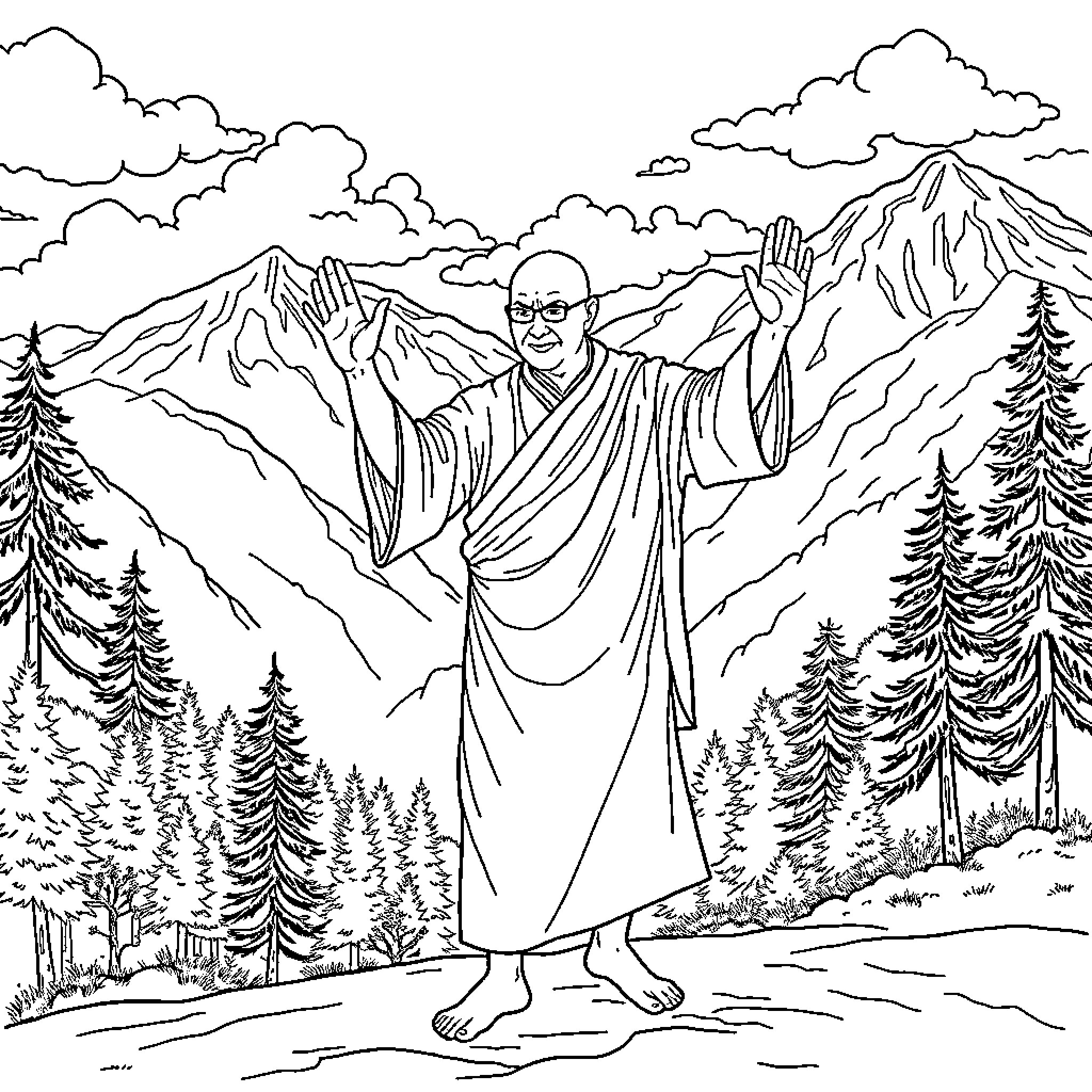 Man in robe walking in the mountains Coloring Page (free black-and-white line drawing printable PDF for all, from beginners to advanced learners, including children, teens, adults, and seniors)