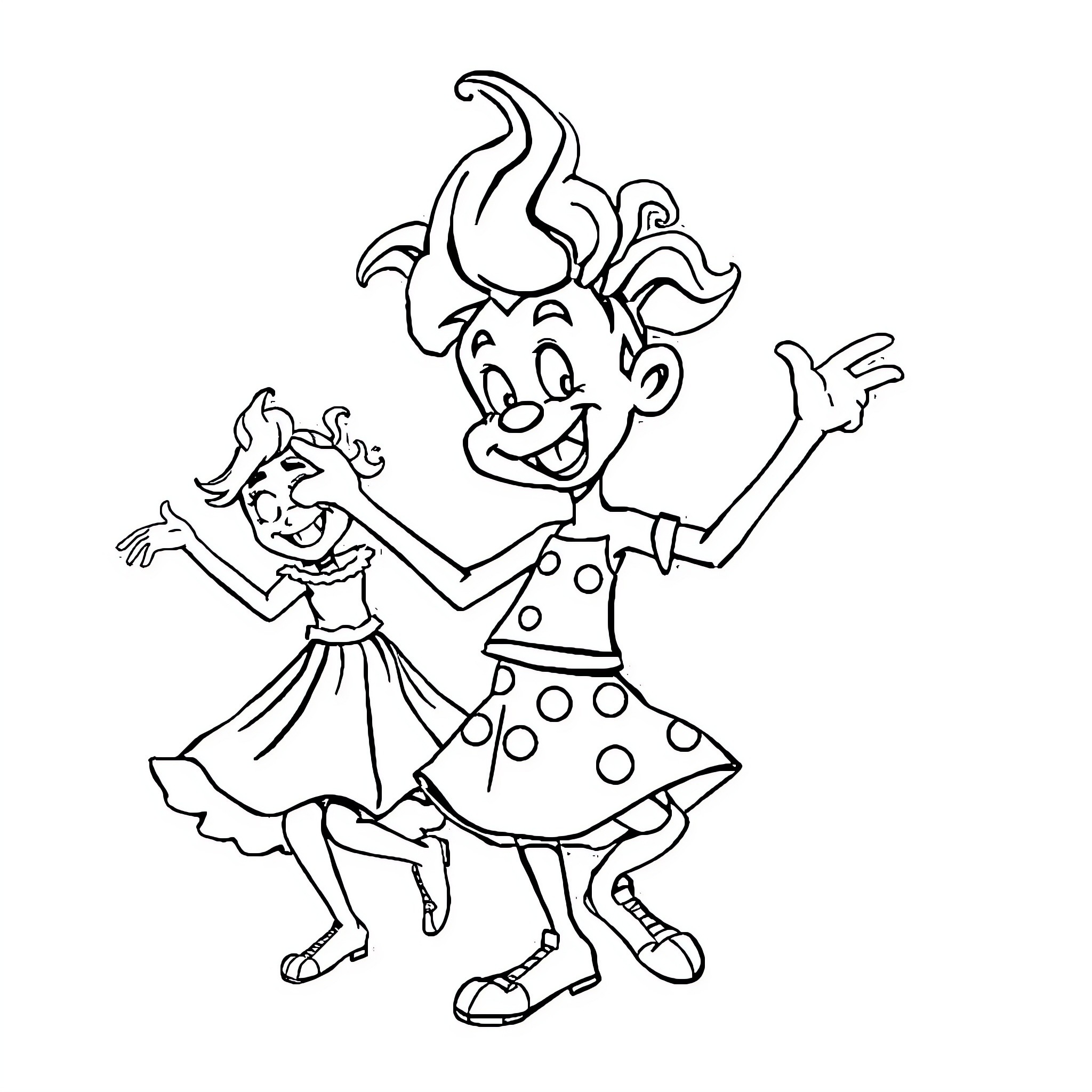 Dancer duo in playful performance Coloring Page (free black-and-white line drawing printable PDF for all, from beginners to advanced learners, including children, teens, adults, and seniors)