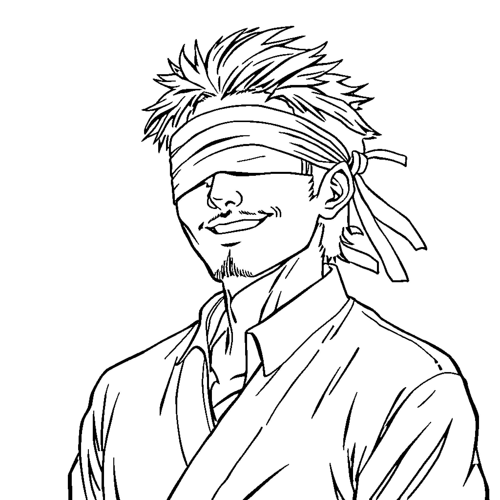 Satoru Gojo in a confident and mysterious pose Coloring Page (free black-and-white line drawing printable PDF for all, from beginners to advanced learners, including children, teens, adults, and seniors)