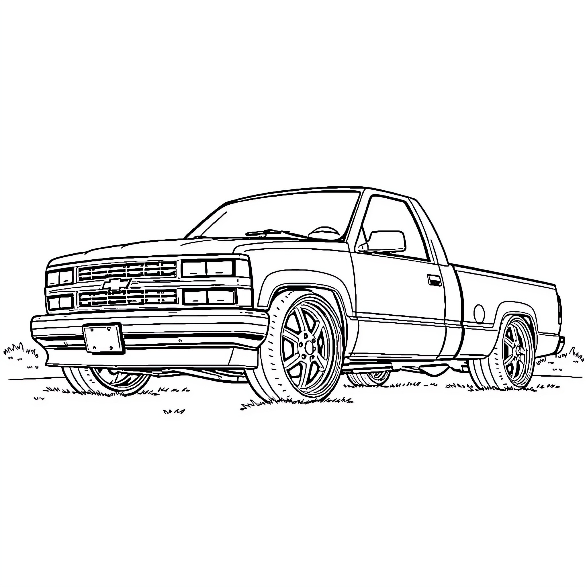 Chevy pickup truck in field Coloring Page (free black-and-white line drawing printable PDF for all, from beginners to advanced learners, including children, teens, adults, and seniors)
