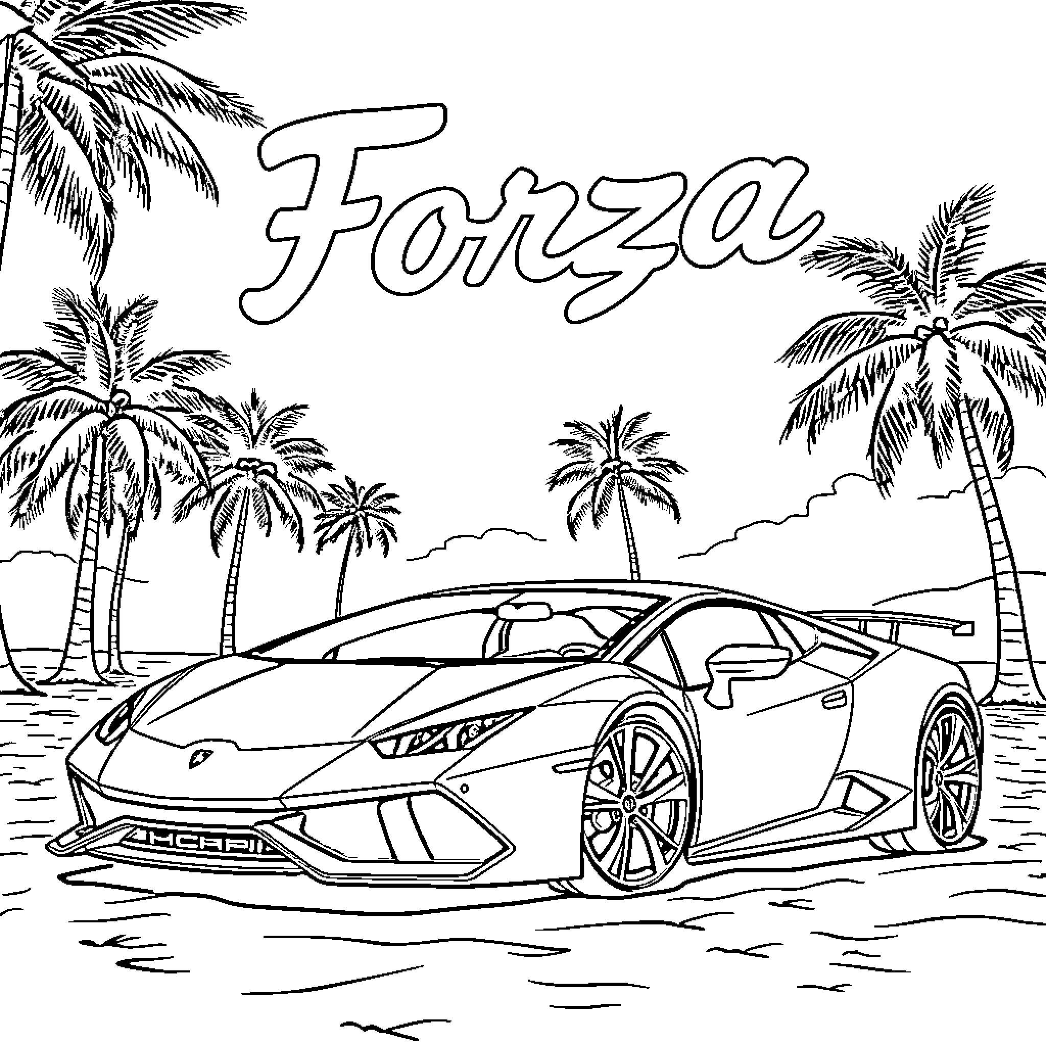 Lamborghini sports car on a tropical beach Coloring Page (free black-and-white line drawing printable PDF for all, from beginners to advanced learners, including children, teens, adults, and seniors)