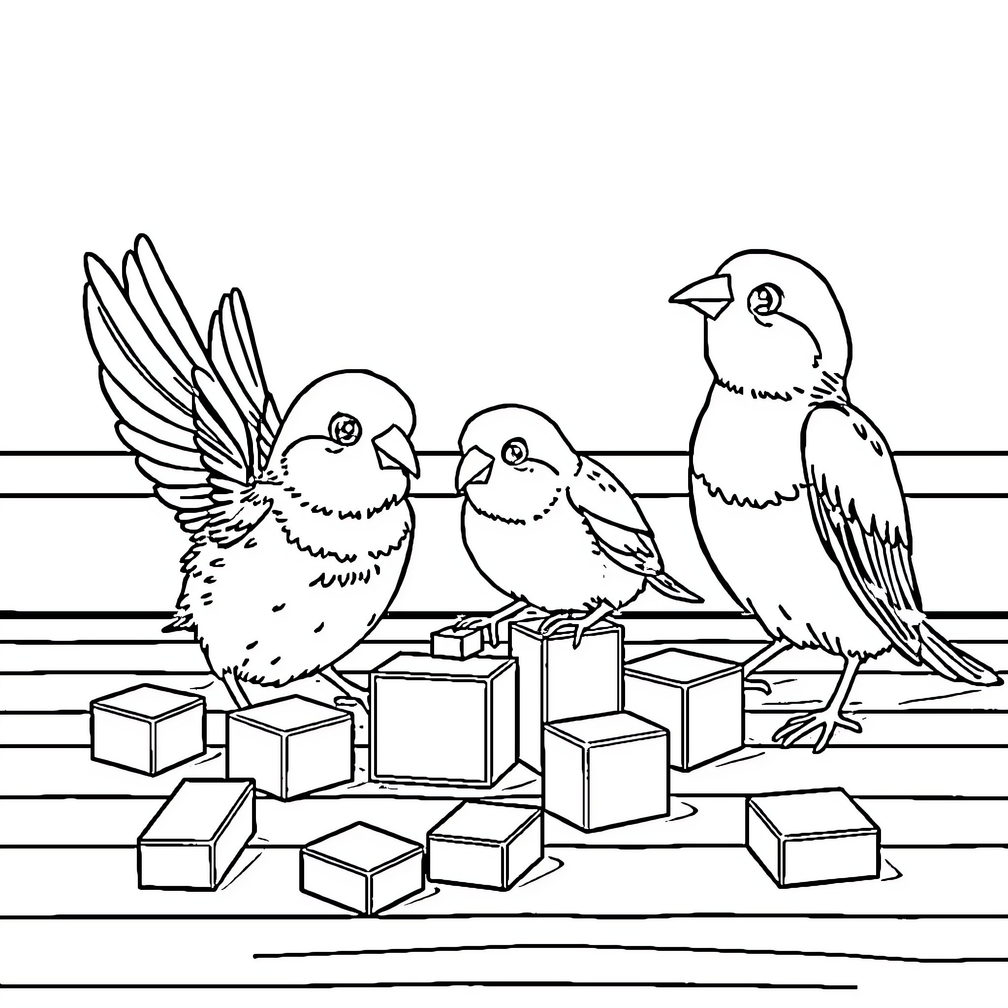 Bird Trio Playing with Wooden Blocks Coloring Page (free black-and-white line drawing printable PDF for all, from beginners to advanced learners, including children, teens, adults, and seniors)