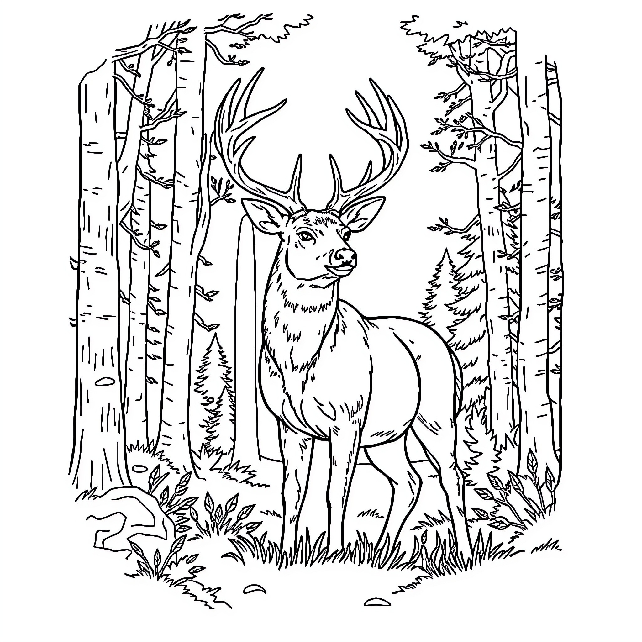 Buck standing in the forest surrounded by nature Coloring Page (free black-and-white line drawing printable PDF for all, from beginners to advanced learners, including children, teens, adults, and seniors)