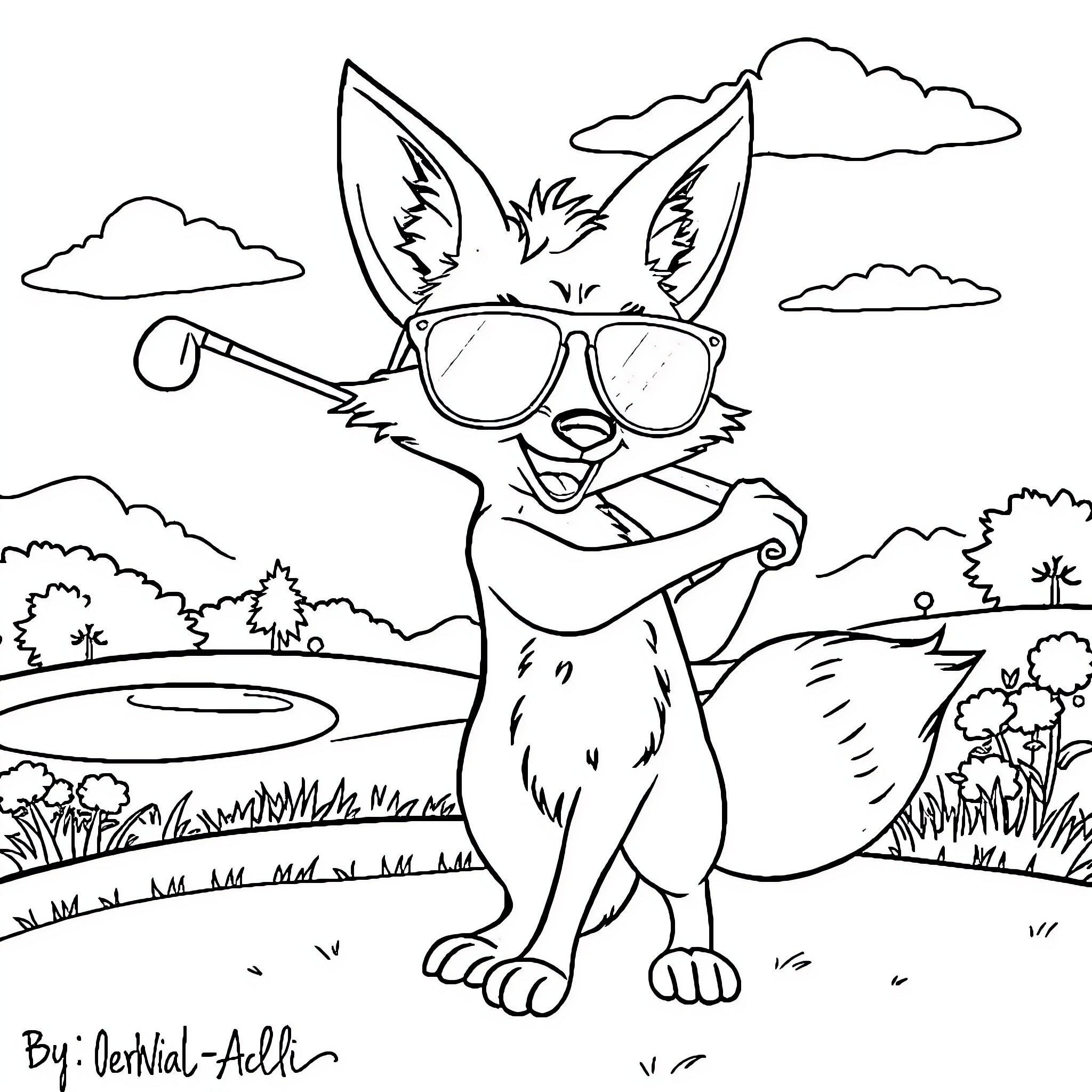 Fox wearing sunglasses enjoying the outdoors Coloring Page (free black-and-white line drawing printable PDF for all, from beginners to advanced learners, including children, teens, adults, and seniors)