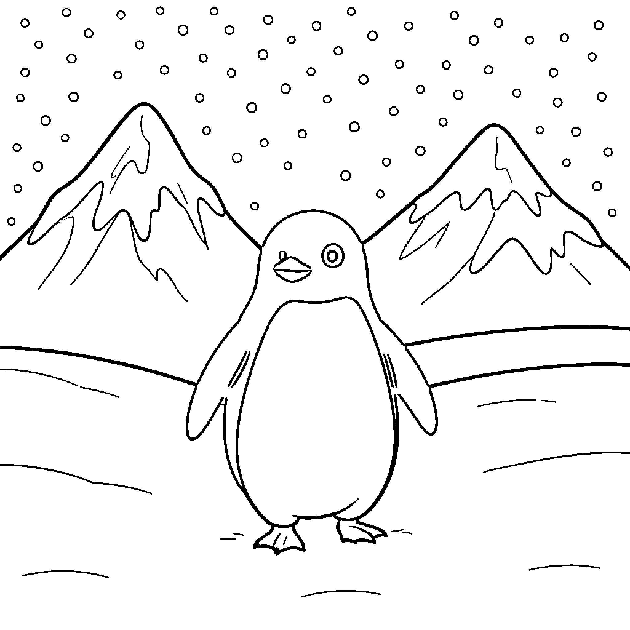 Penguin standing amidst falling snow and icy mountains Coloring Page (free black-and-white line drawing printable PDF for all, from beginners to advanced learners, including children, teens, adults, and seniors)