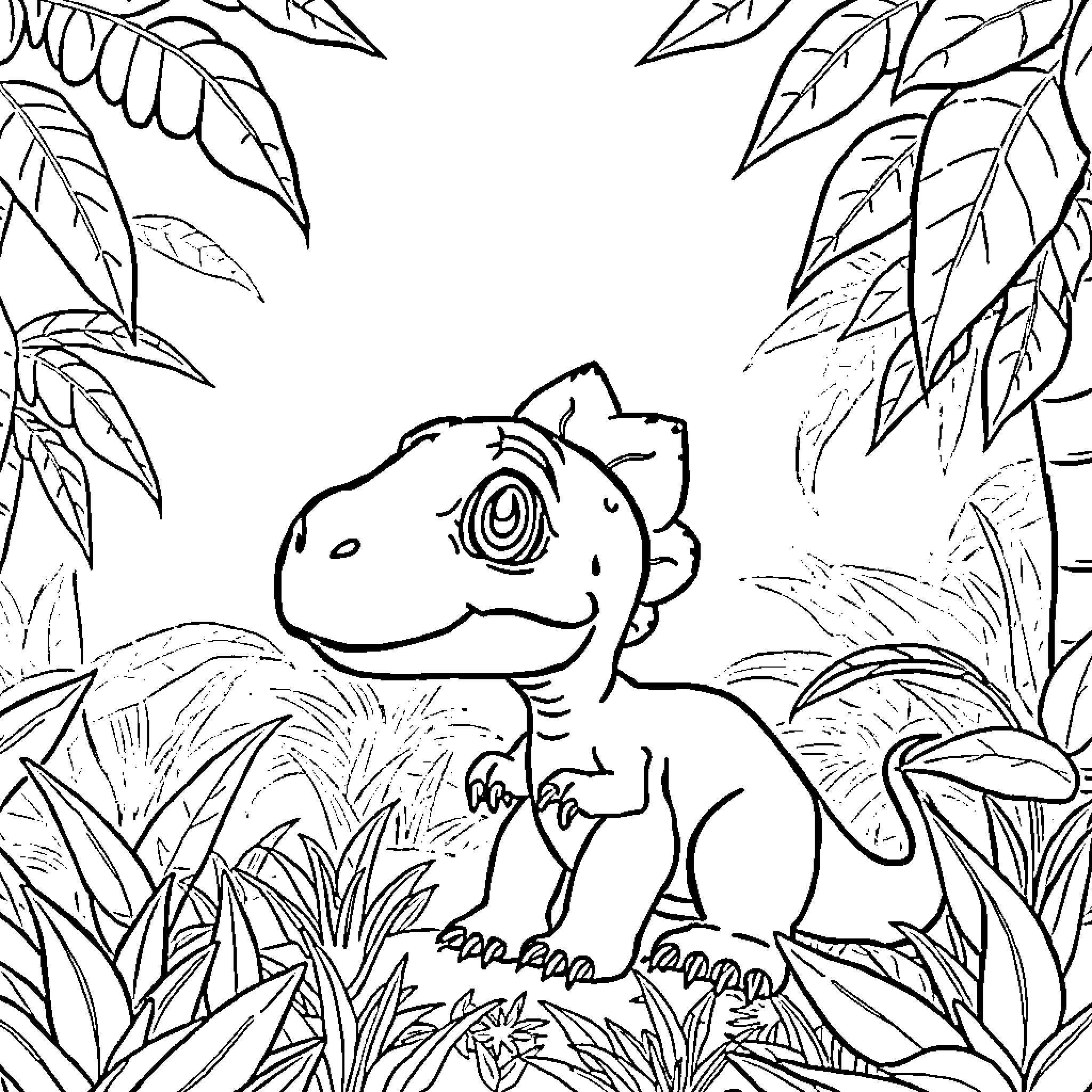 Dinosaur exploring lush jungle Coloring Page (free black-and-white line drawing printable PDF for all, from beginners to advanced learners, including children, teens, adults, and seniors)