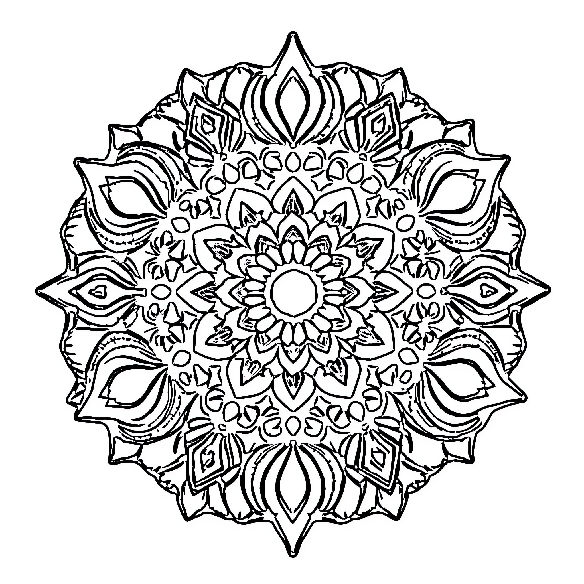 Batik mandala design with intricate patterns Coloring Page (free black-and-white line drawing printable PDF for all, from beginners to advanced learners, including children, teens, adults, and seniors)
