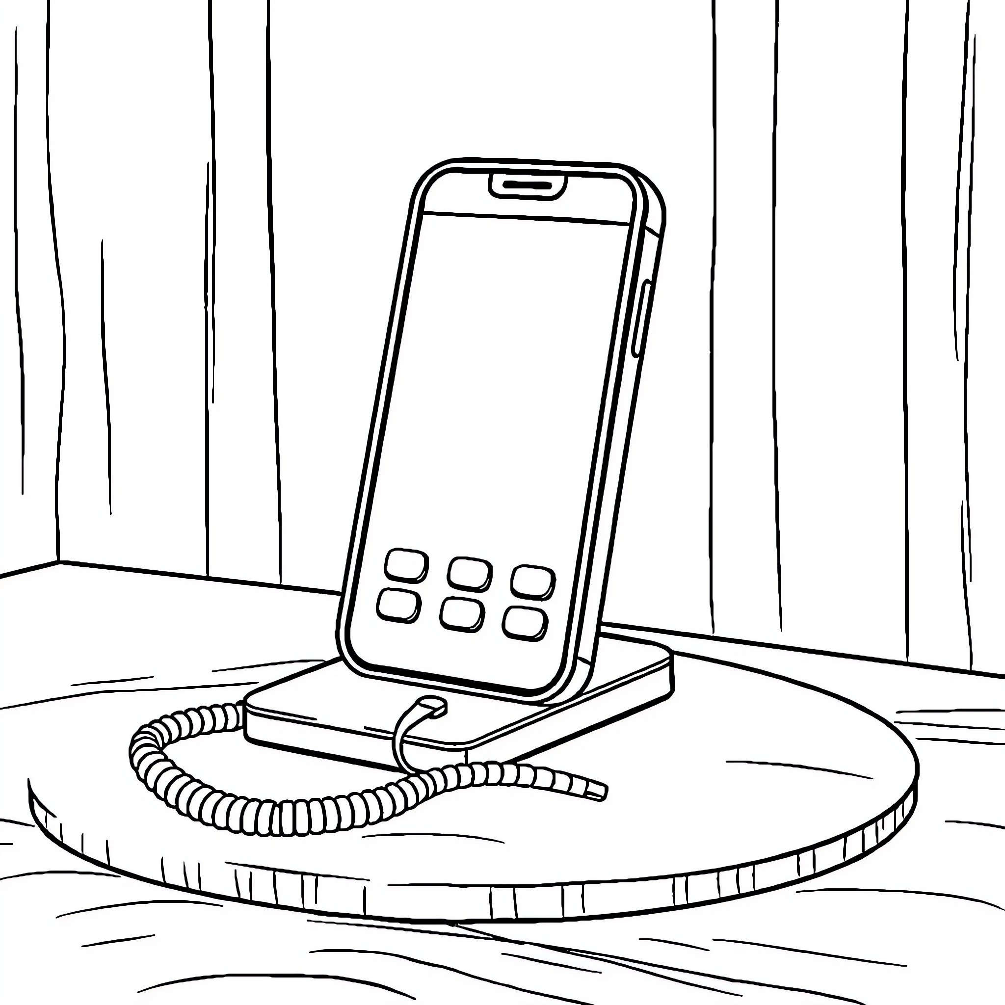 Phone charging on a desk Coloring Page (free black-and-white line drawing printable PDF for all, from beginners to advanced learners, including children, teens, adults, and seniors)