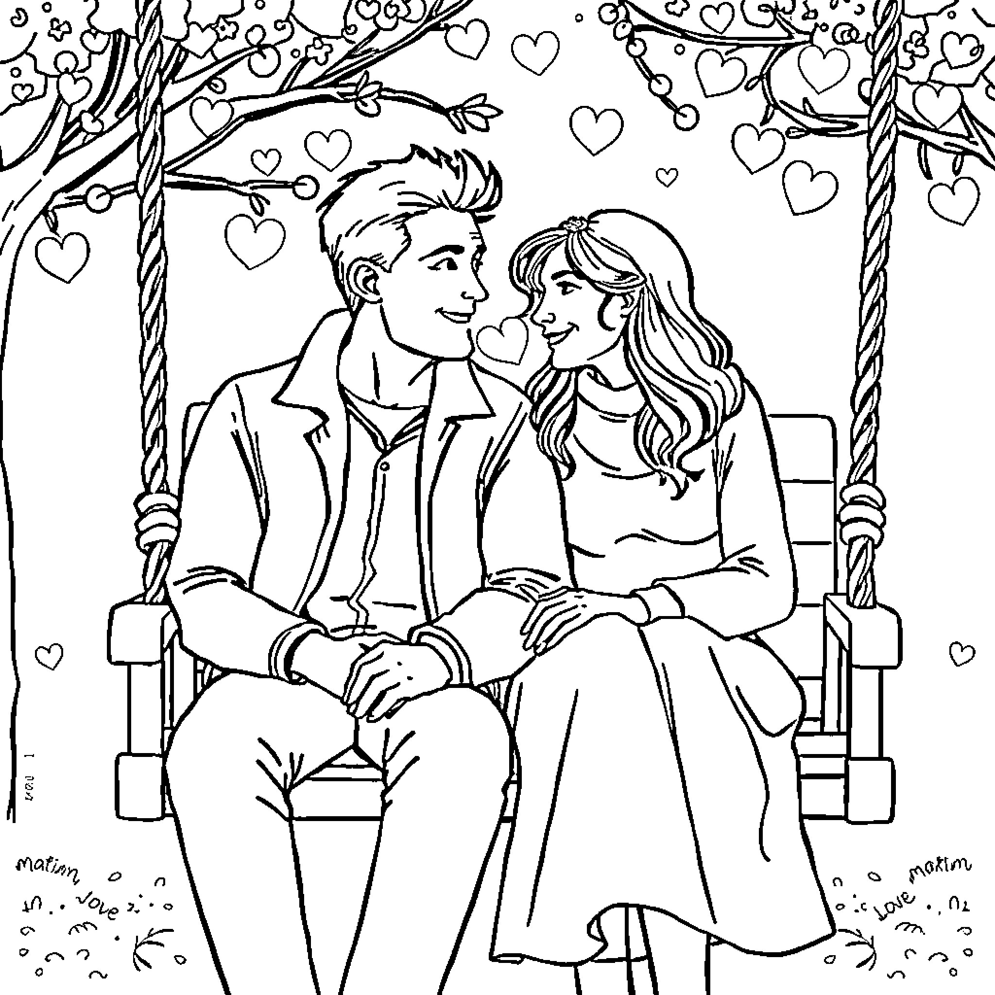 Man and Woman in a Romantic Setting Coloring Page (free black-and-white line drawing printable PDF for all, from beginners to advanced learners, including children, teens, adults, and seniors)