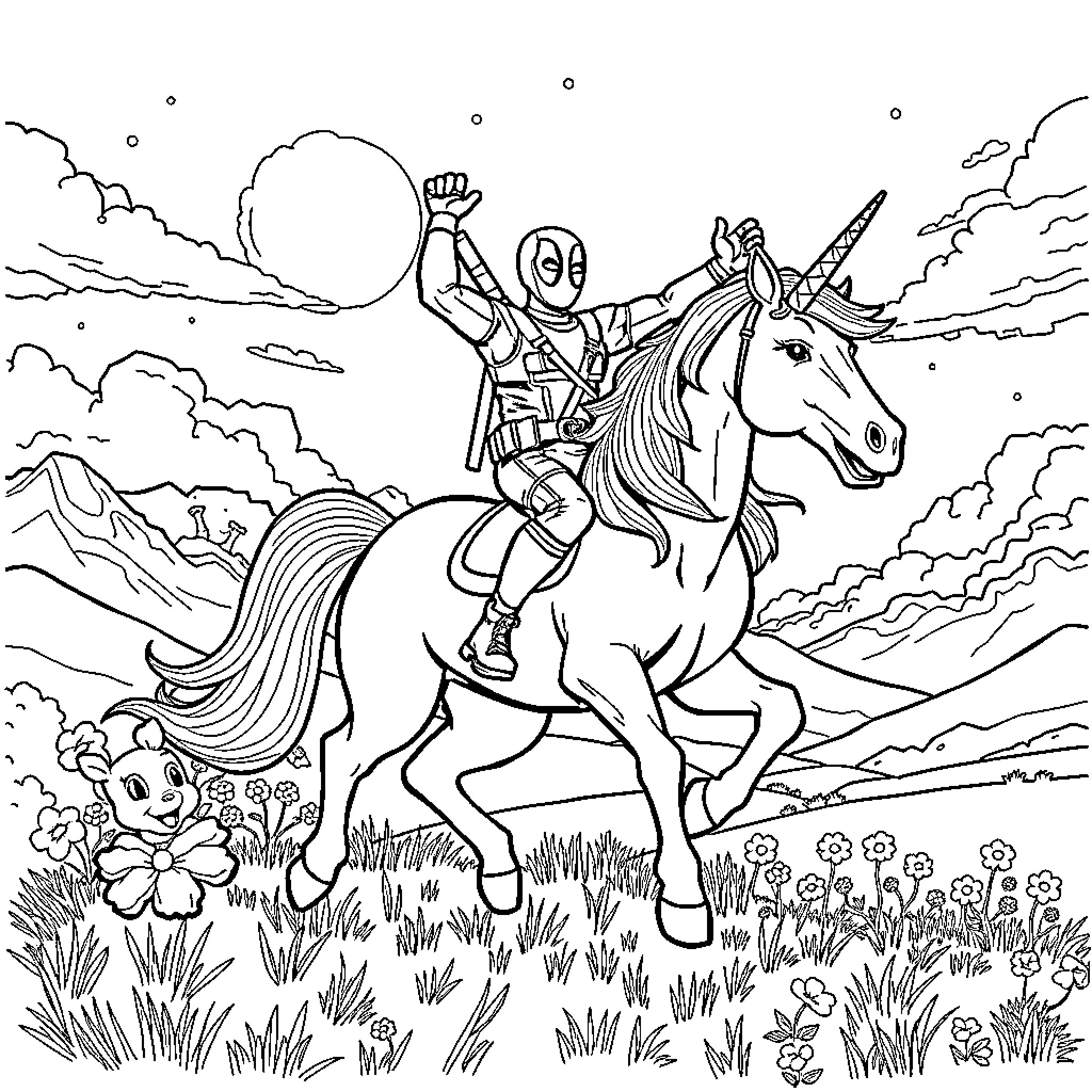 Deadpool's Whimsical Unicorn Adventure Coloring Page (free black-and-white line drawing printable PDF for all, from beginners to advanced learners, including children, teens, adults, and seniors)