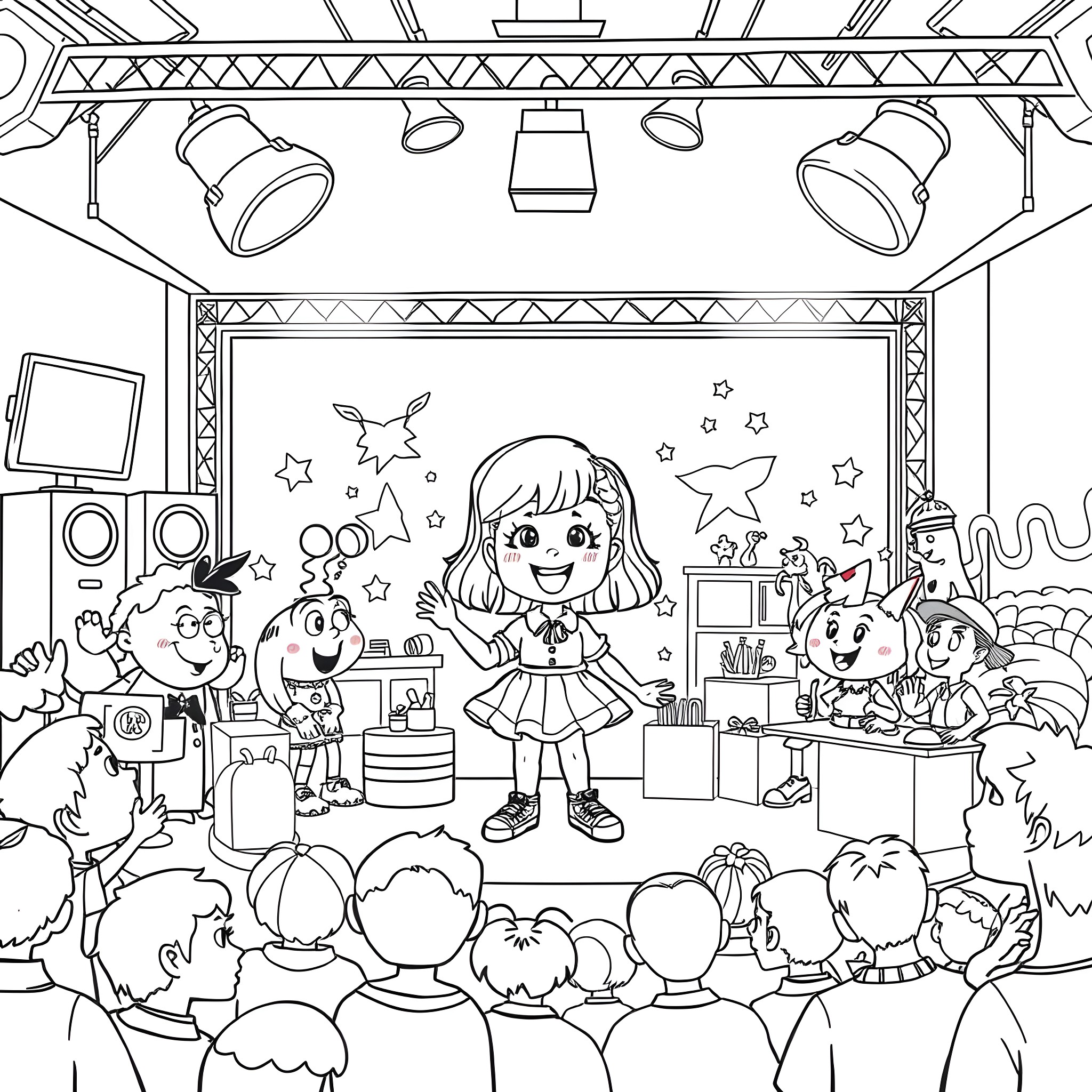 Kimmy's Lively Performance on Stage Coloring Page (free black-and-white line drawing printable PDF for all, from beginners to advanced learners, including children, teens, adults, and seniors)