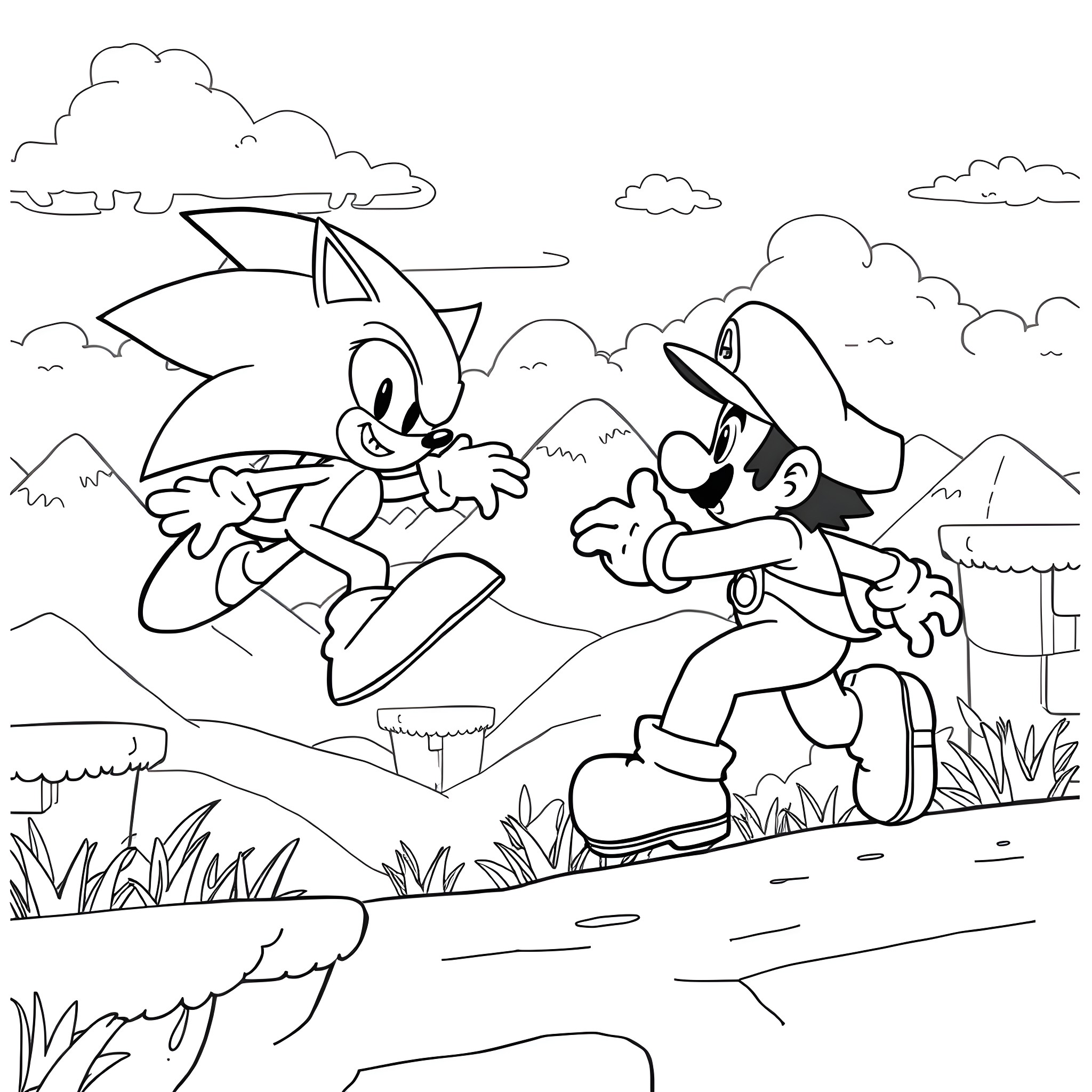 Sonic characters in an adventurous outdoor scene Coloring Page (free black-and-white line drawing printable PDF for all, from beginners to advanced learners, including children, teens, adults, and seniors)
