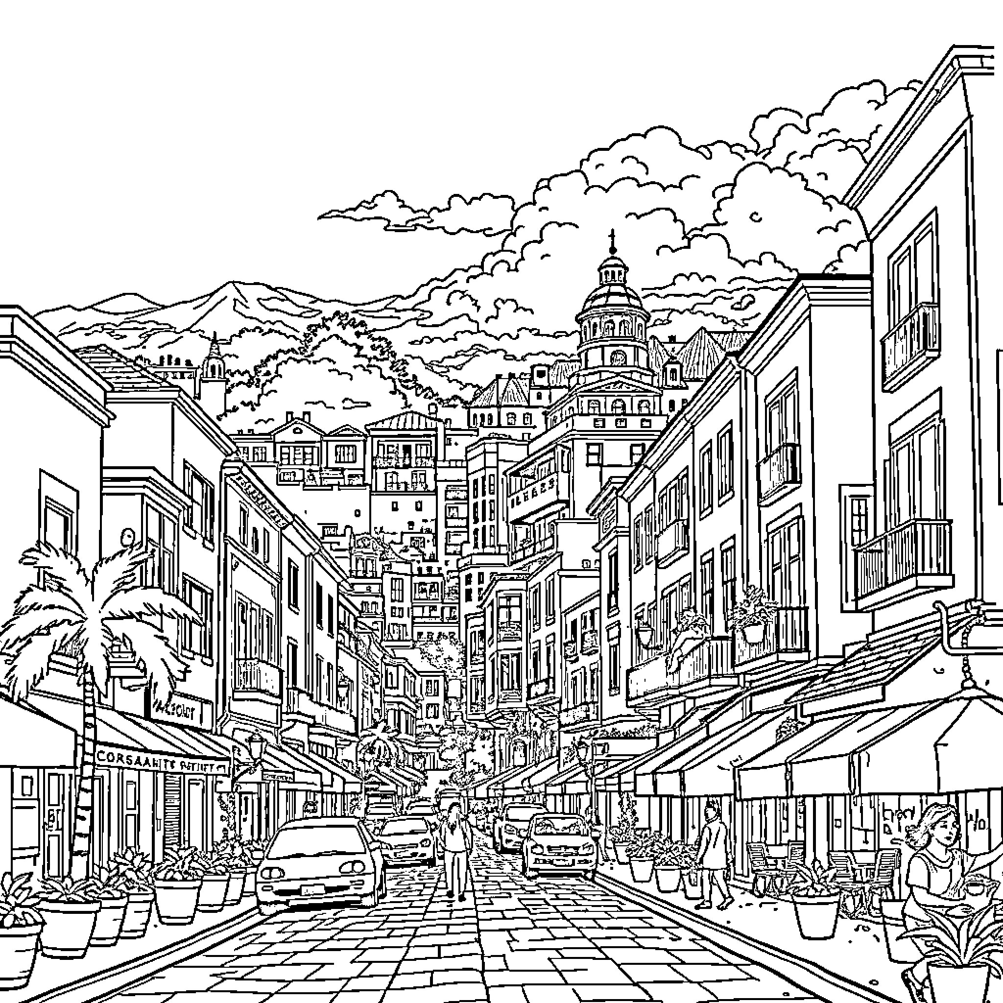 Heights of an Artistic City Street Scene Coloring Page (free black-and-white line drawing printable PDF for all, from beginners to advanced learners, including children, teens, adults, and seniors)