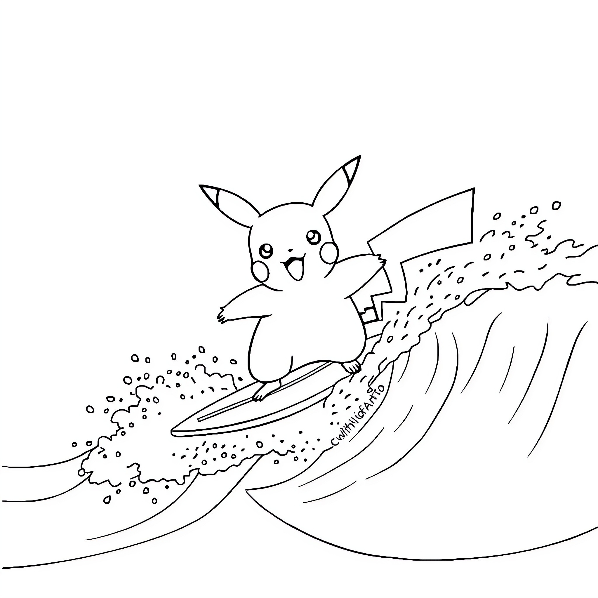 Pikachu surfing happily on ocean waves Coloring Page (free black-and-white line drawing printable PDF for all, from beginners to advanced learners, including children, teens, adults, and seniors)