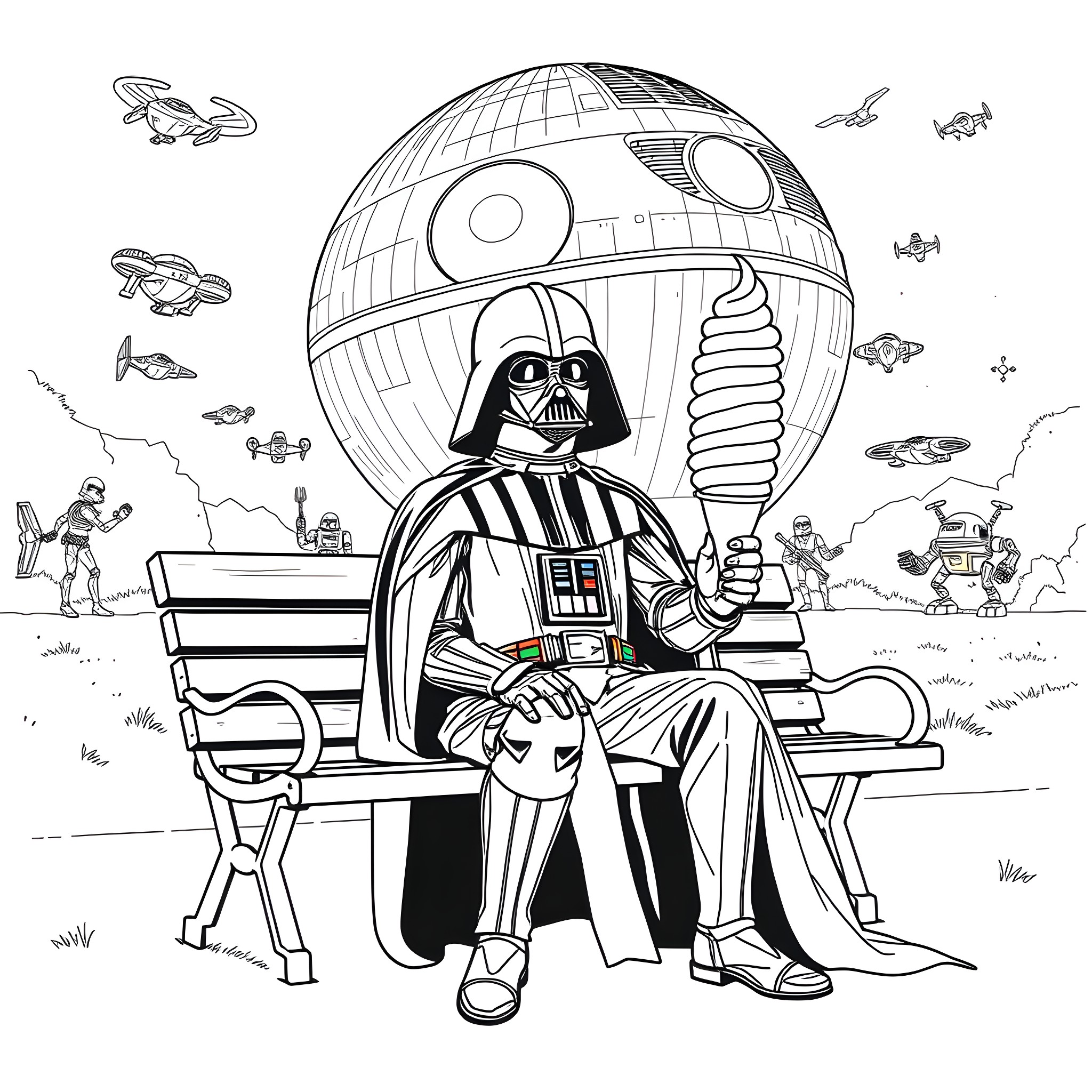Darth Vader relaxing on a bench with the Death Star in the background Coloring Page (free black-and-white line drawing printable PDF for all, from beginners to advanced learners, including children, teens, adults, and seniors)