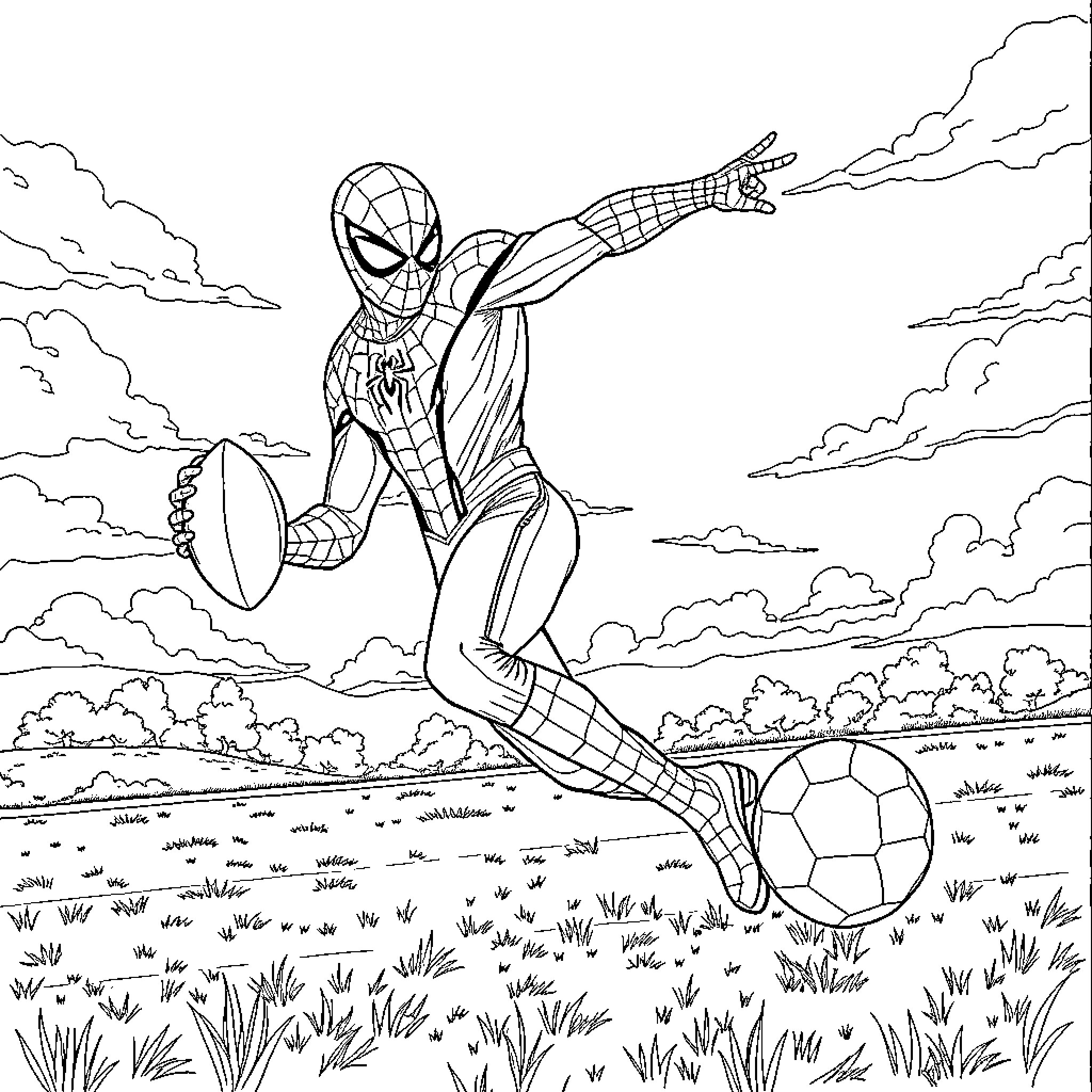 Spiderman swinging through the air with a soccer ball Coloring Page (free black-and-white line drawing printable PDF for all, from beginners to advanced learners, including children, teens, adults, and seniors)