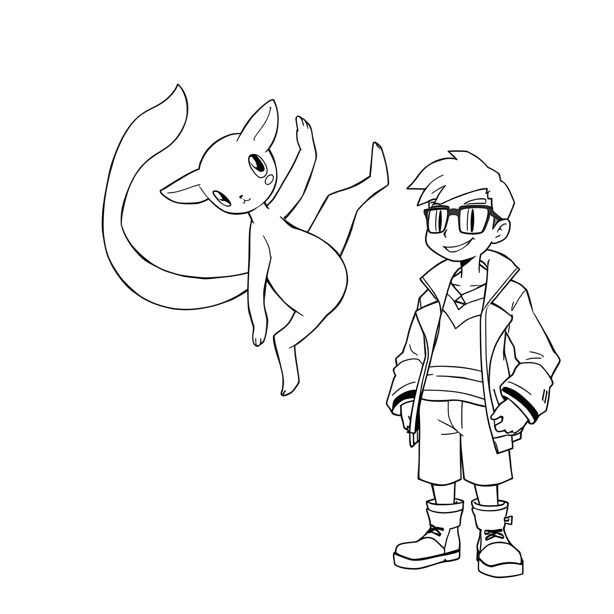 Mew and Trainer on an Adventure Coloring Page (free black-and-white line drawing printable PDF for all, from beginners to advanced learners, including children, teens, adults, and seniors)